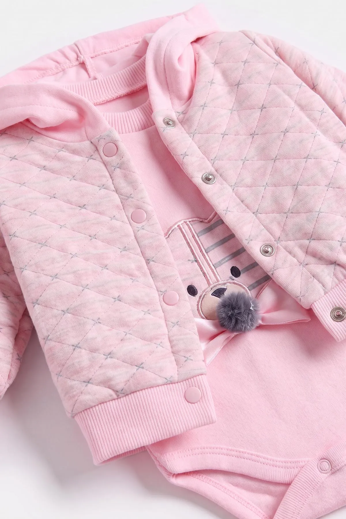 Pembe (0-9 Ay) Tavşan Nakışlı Kapüşonlu Hırkalı Kız Bebek 3'lü Takım 476065