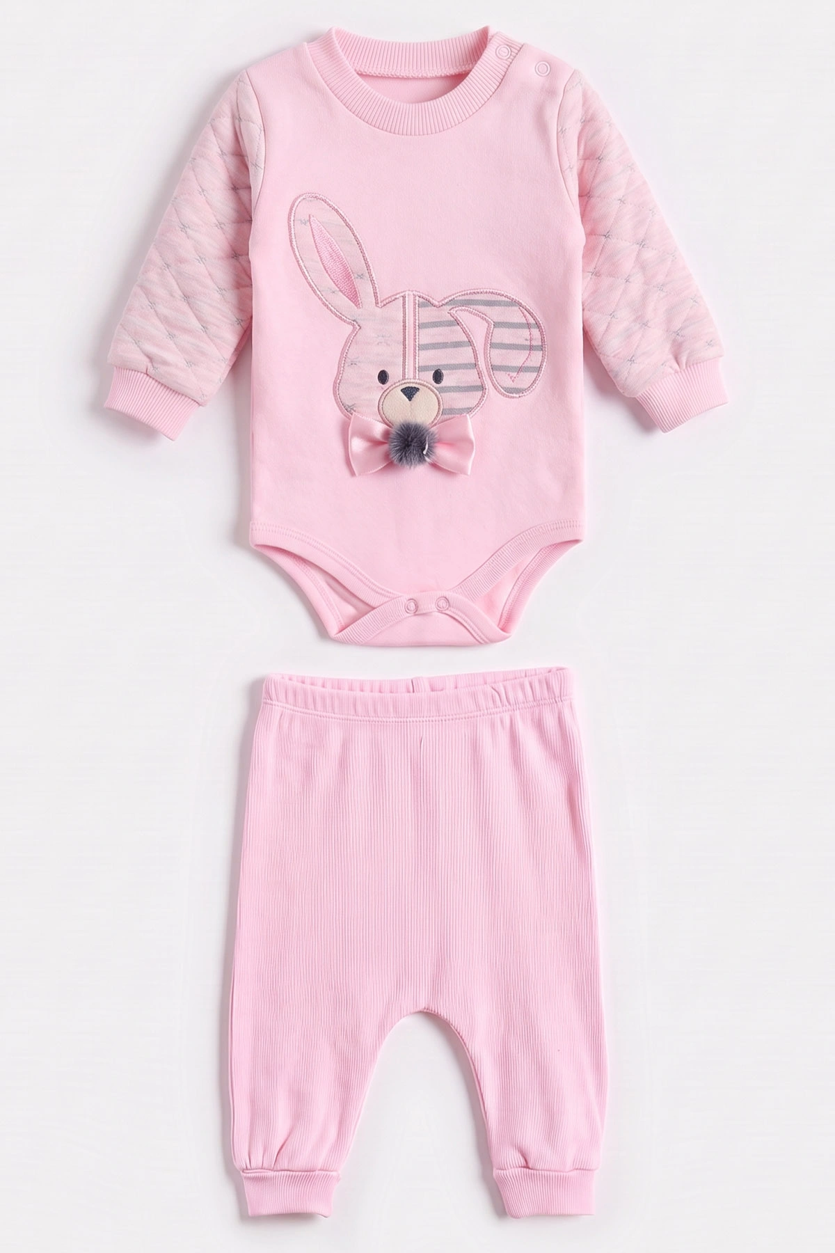Pembe (0-9 Ay) Tavşan Nakışlı Kapüşonlu Hırkalı Kız Bebek 3'lü Takım 476065