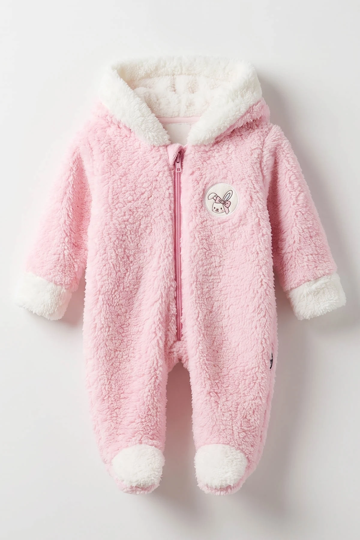 Pembe (0-9 Ay) Tavşan Nakışlı Kapüşonlu Peluş Kız Bebek Tulum 495668