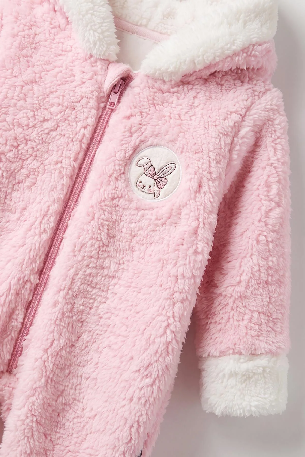 Pembe (0-9 Ay) Tavşan Nakışlı Kapüşonlu Peluş Kız Bebek Tulum 495668