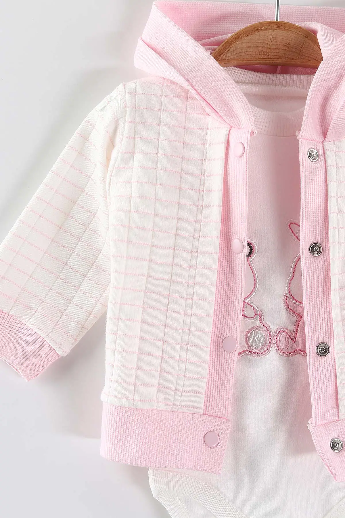 Pembe (0-9 Ay)2  Ayıcık Nakışlı  Zıbınlı Kapüşonlu Hırkalı Kız Bebek 3'lü Takım 456392