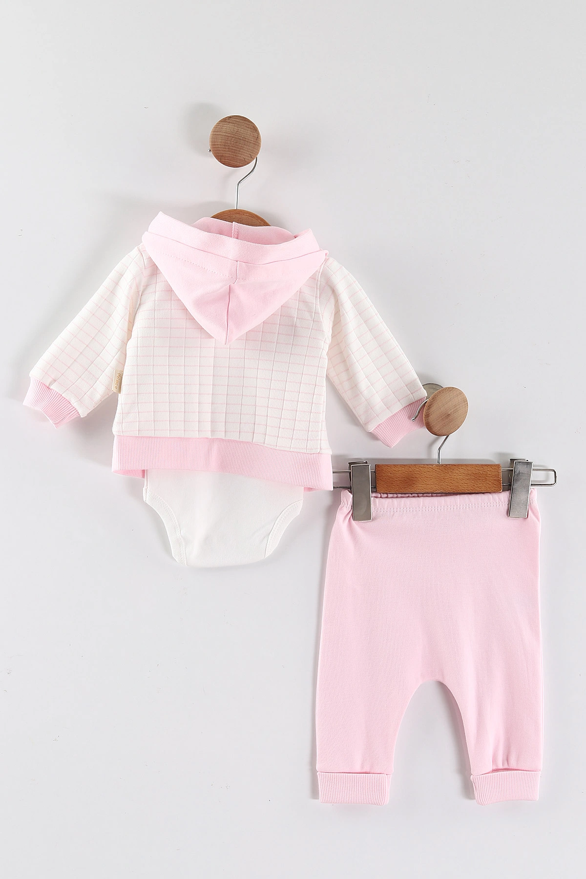 Pembe (0-9 Ay)2  Ayıcık Nakışlı  Zıbınlı Kapüşonlu Hırkalı Kız Bebek 3'lü Takım 456392