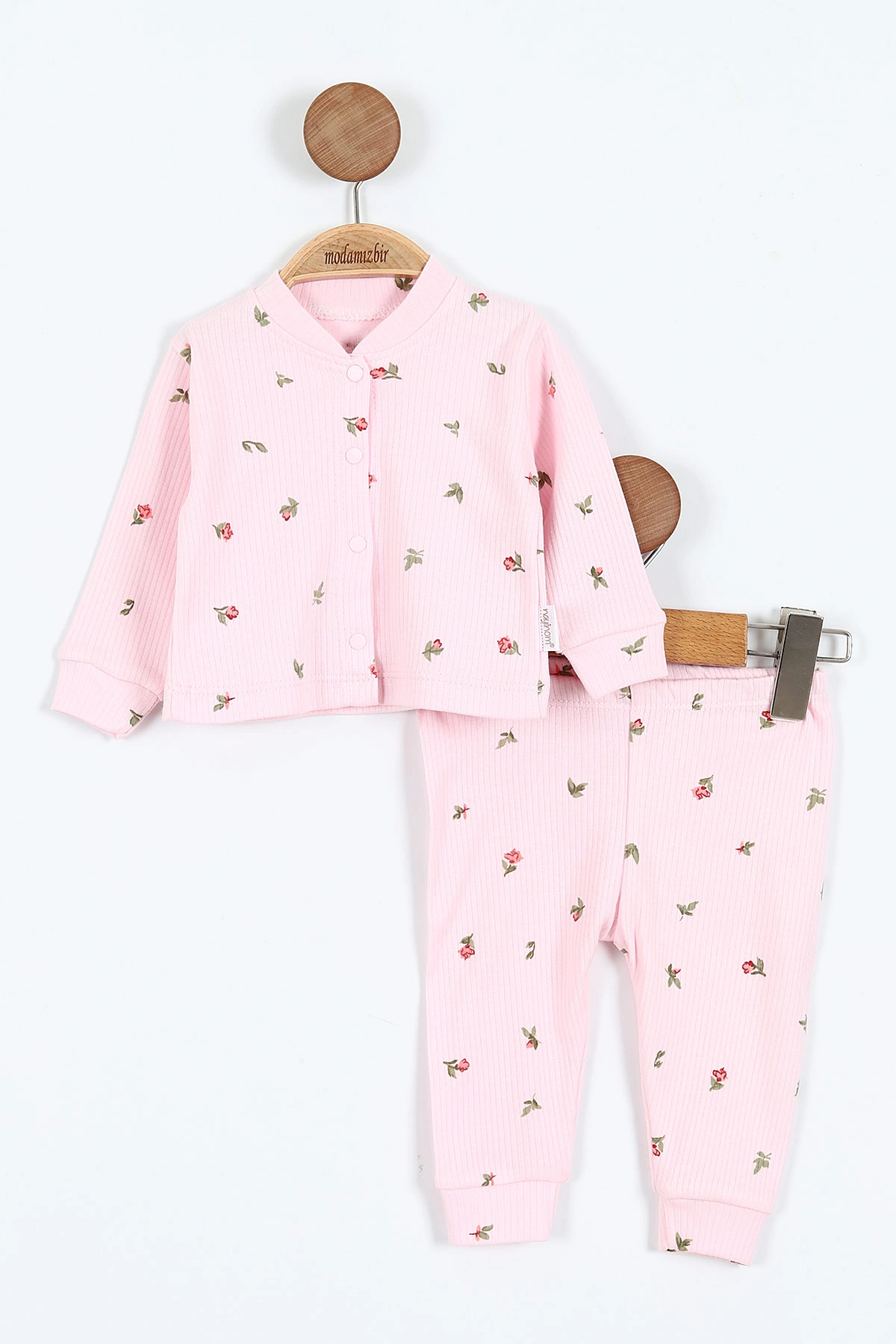 Pembe (0-9 Ay)Lale Desenli Önü Çıtçıtlı Kız Bebek Pijama Takımı 375221