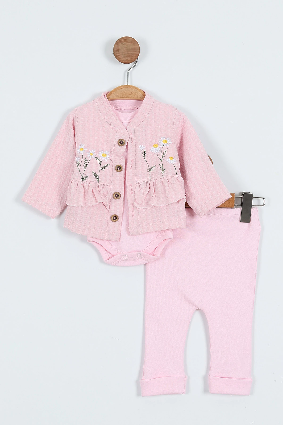 Pembe (0-9 Ay)Papatya Nakışlı Zıbınlı  Hırkalı 3'lü Kız Bebek Takım 341375