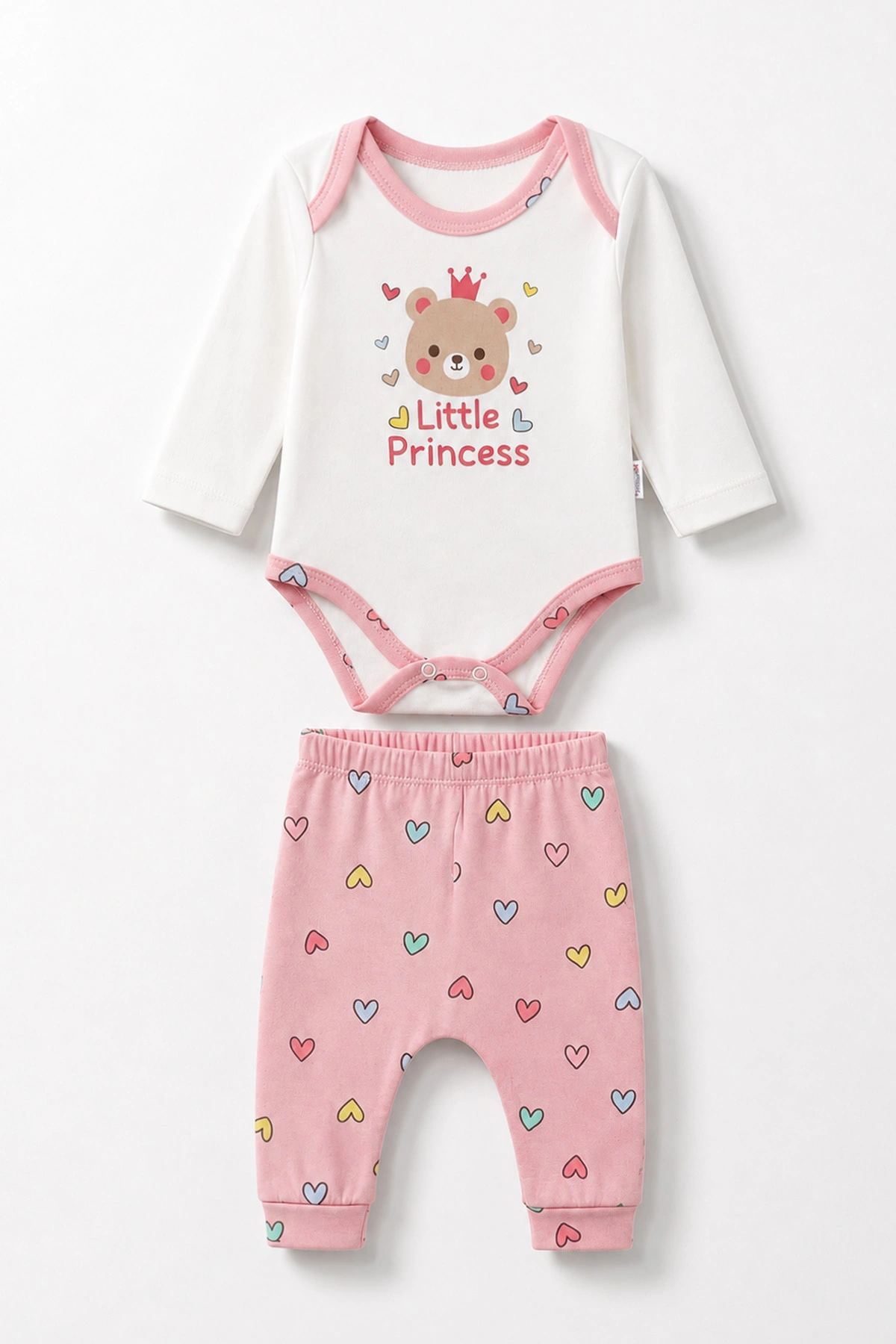 Pembe (0-9 Ay)Taçlı Ayıcık Baskılı Çıt Çıtlı Badili Kız Bebek Takım 477399