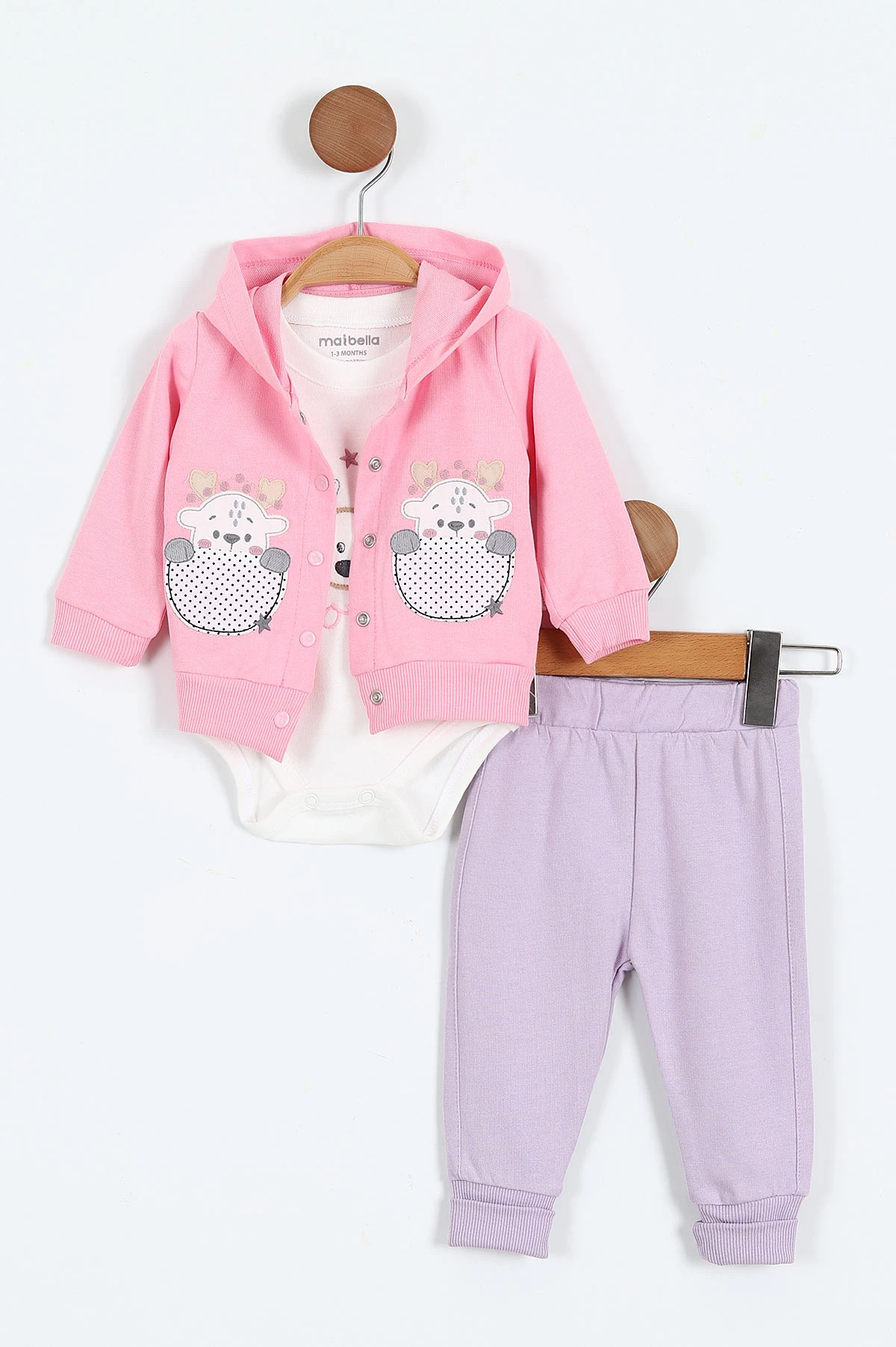 Pembe (1-12 Ay)  Ceylan Nakışlı  Kapüşonlu Hırkalı Zıbınlı Kız Bebek 3'lü Takım 384006