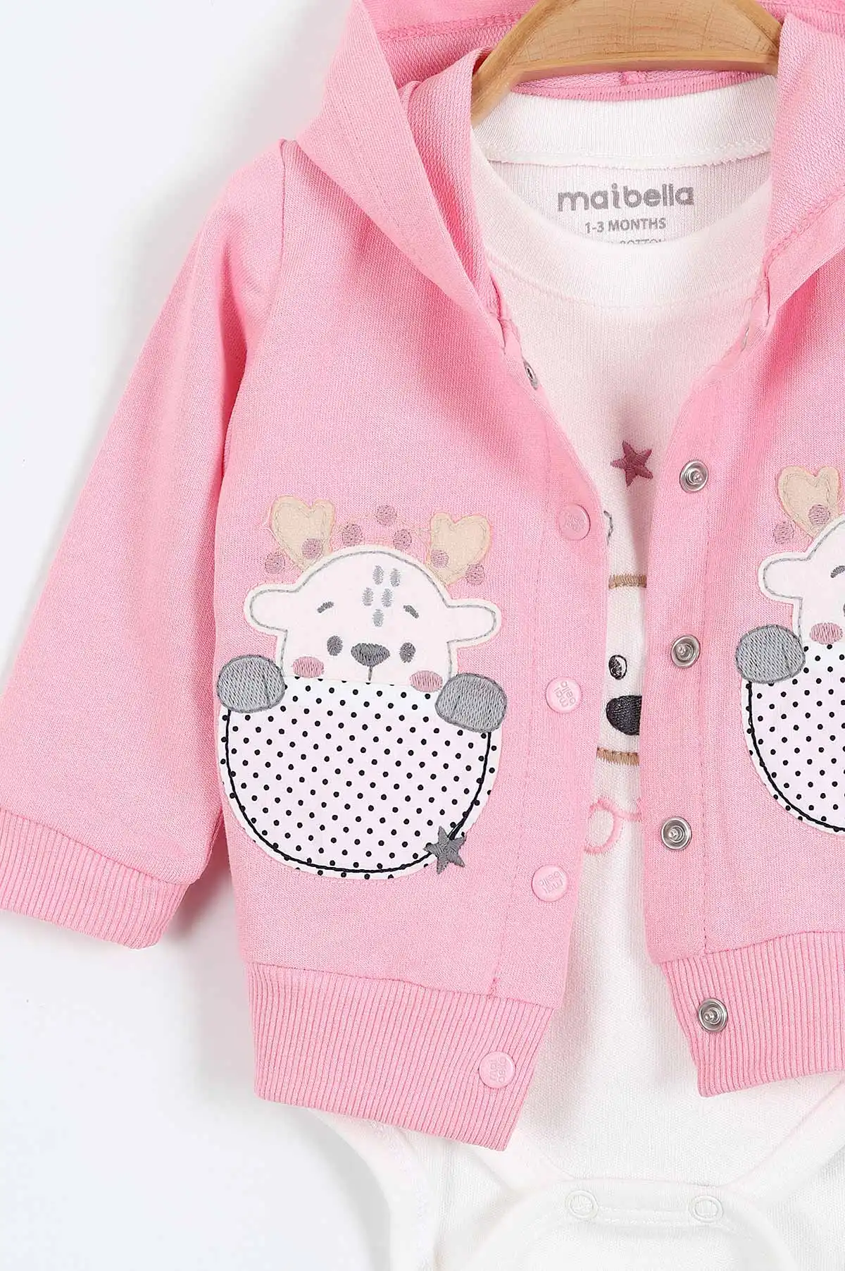Pembe (1-12 Ay)  Ceylan Nakışlı  Kapüşonlu Hırkalı Zıbınlı Kız Bebek 3'lü Takım 384006