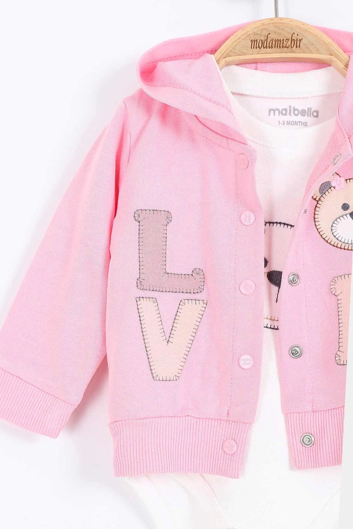 Pembe (1-12 Ay)Ayı Nakışlı  Kapüşonlu Hırkalı Zıbınlı Kız Bebek 3'lü Takım 383750