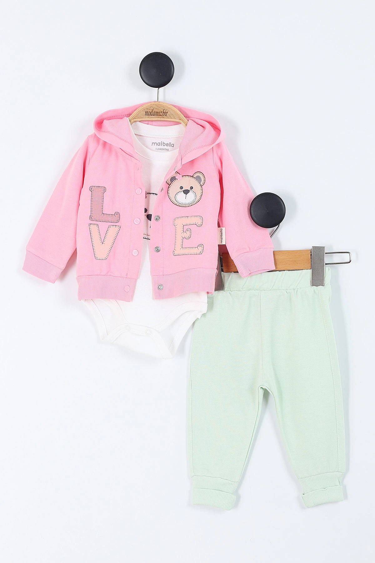 Pembe (1-12 Ay)Ayı Nakışlı  Kapüşonlu Hırkalı Zıbınlı Kız Bebek 3'lü Takım 383750