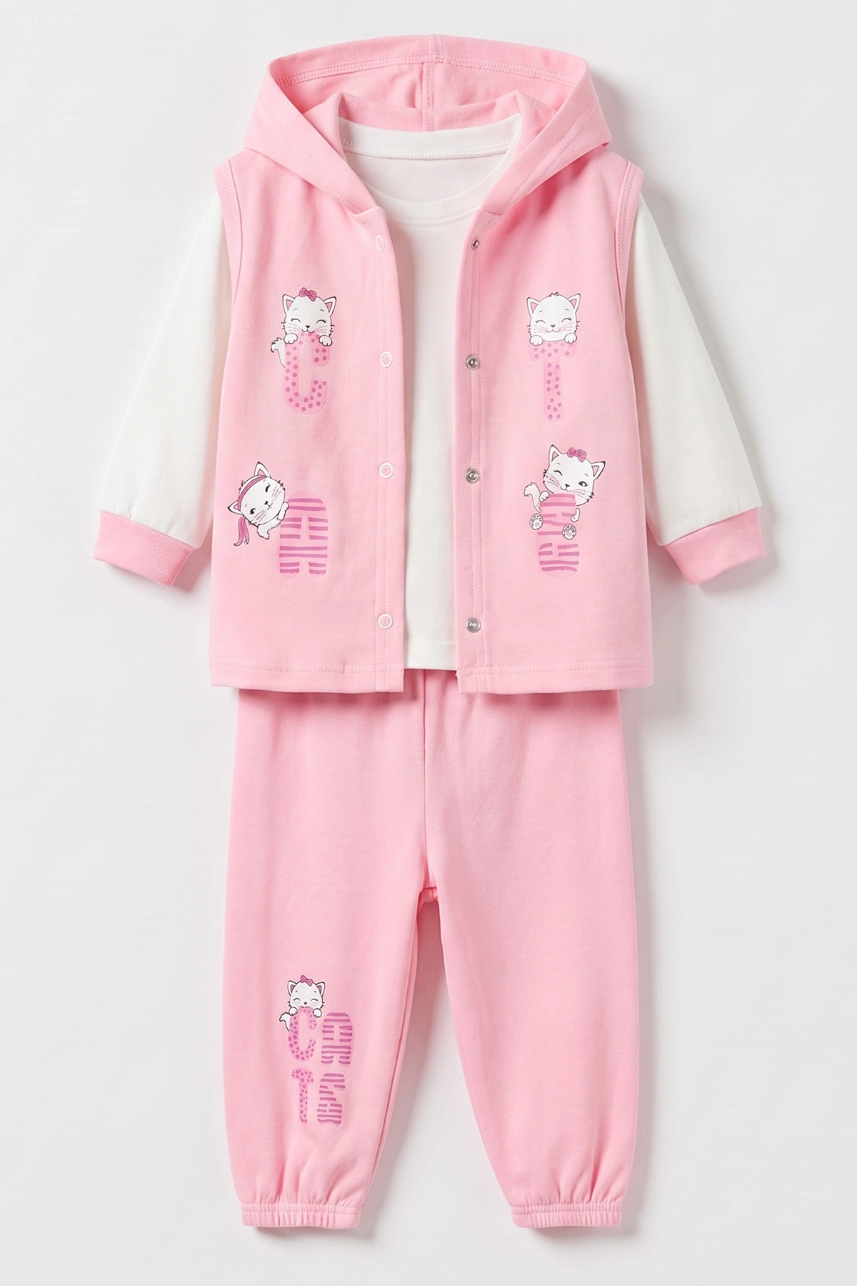 Pembe (1-2 Yaş) Kedi Baskılı Çıtçıtlı Hırka Kız Bebek 3'lü Takım 480029