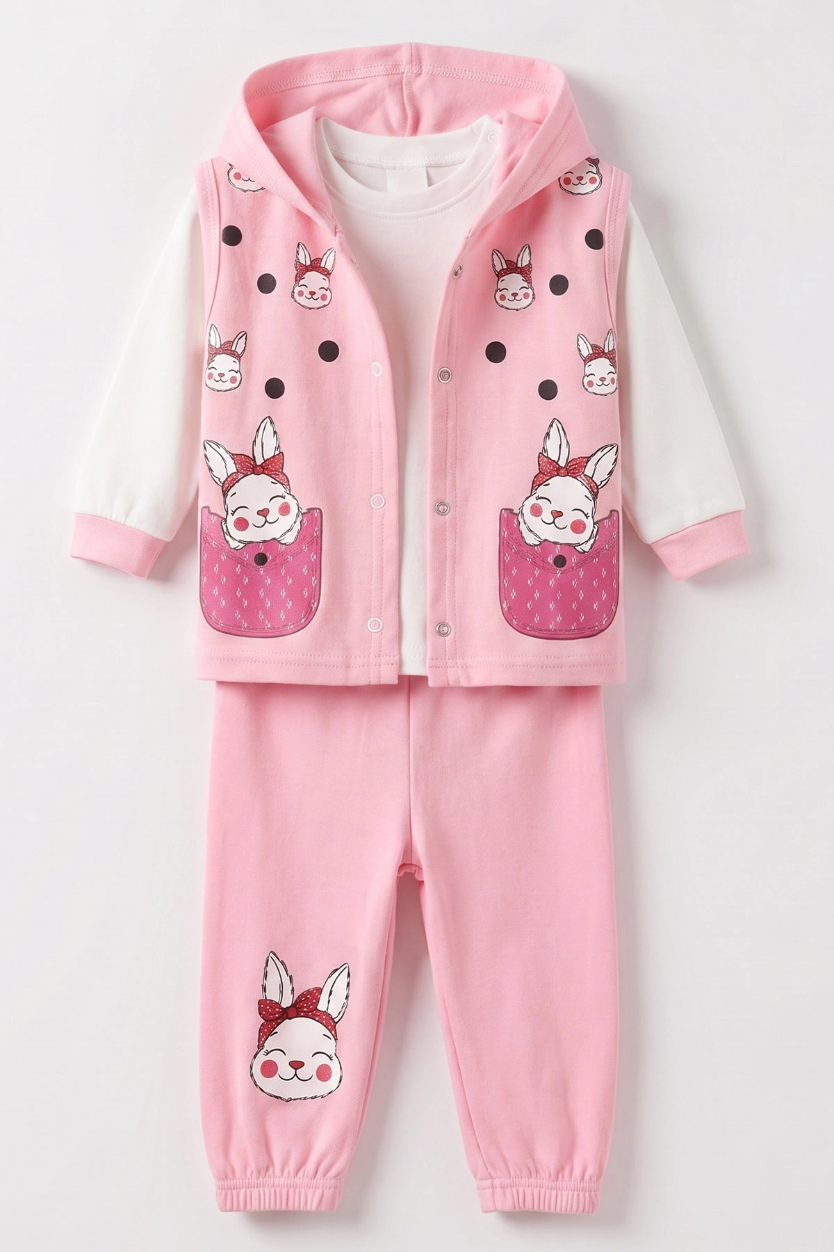 Pembe (1-2 Yaş) Tavşan Baskılı Kapüşonlu 3'lü Kız Bebek Takım 480004