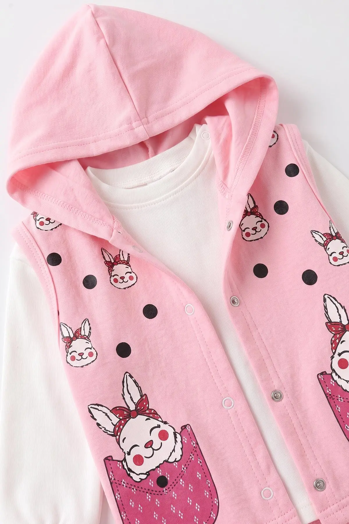 Pembe (1-2 Yaş) Tavşan Baskılı Kapüşonlu 3'lü Kız Bebek Takım 480004