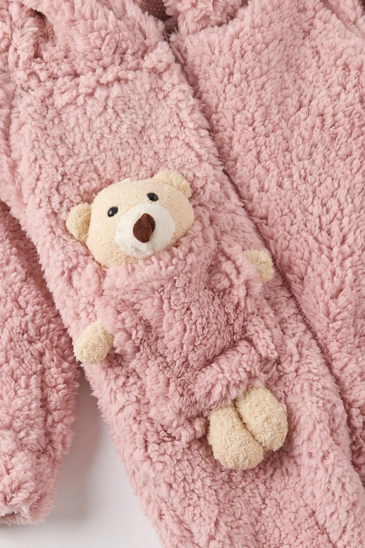 Pembe (1-3 Yaş) Ayı Oyuncaklı Kapüşonlu Unisex Çocuk&Bebek Peluş  Tulum 495652