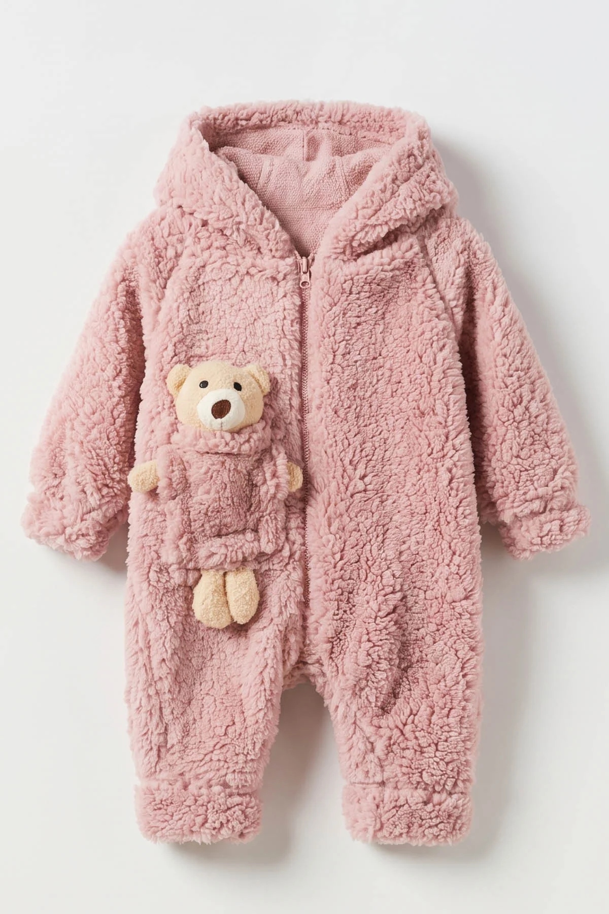Pembe (1-3 Yaş) Ayı Oyuncaklı Kapüşonlu Unisex Çocuk&Bebek Peluş  Tulum 495652