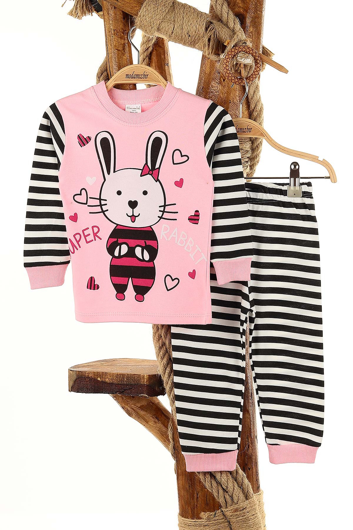 Pembe (1-3 Yaş) Çizgili Tavşan Baskılı Kız Çocuk Pijama Takım 145155