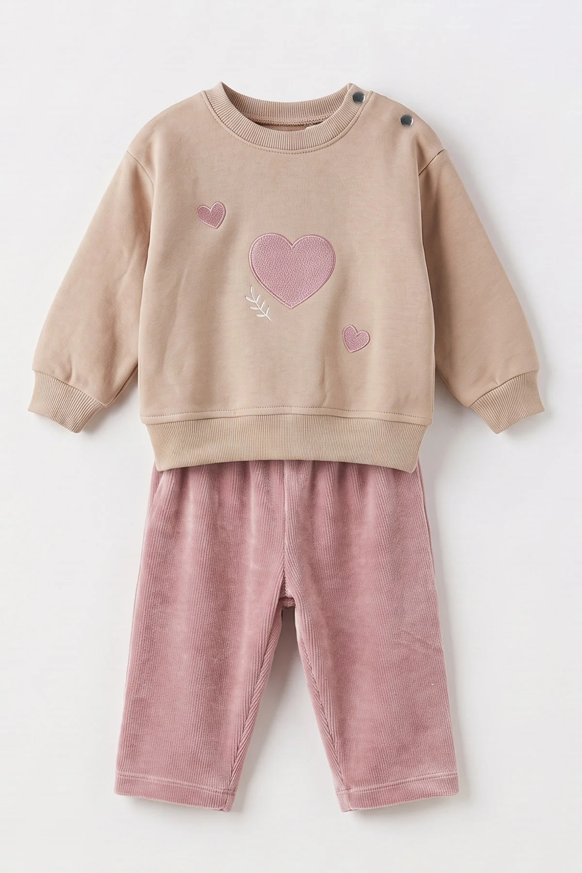 Pembe (1-3 Yaş) Kalp Nakışlı 3 İp Şardonlu Sweatli Alt Kadife Kız Bebek&Çocuk Kışlık Takım 499729