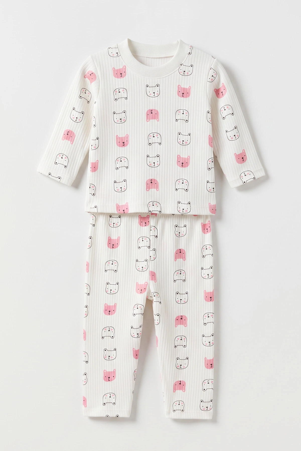 Pembe (1-3 Yaş) Kedi Desenli Raporlu Çocuk Pijama Takım 484712