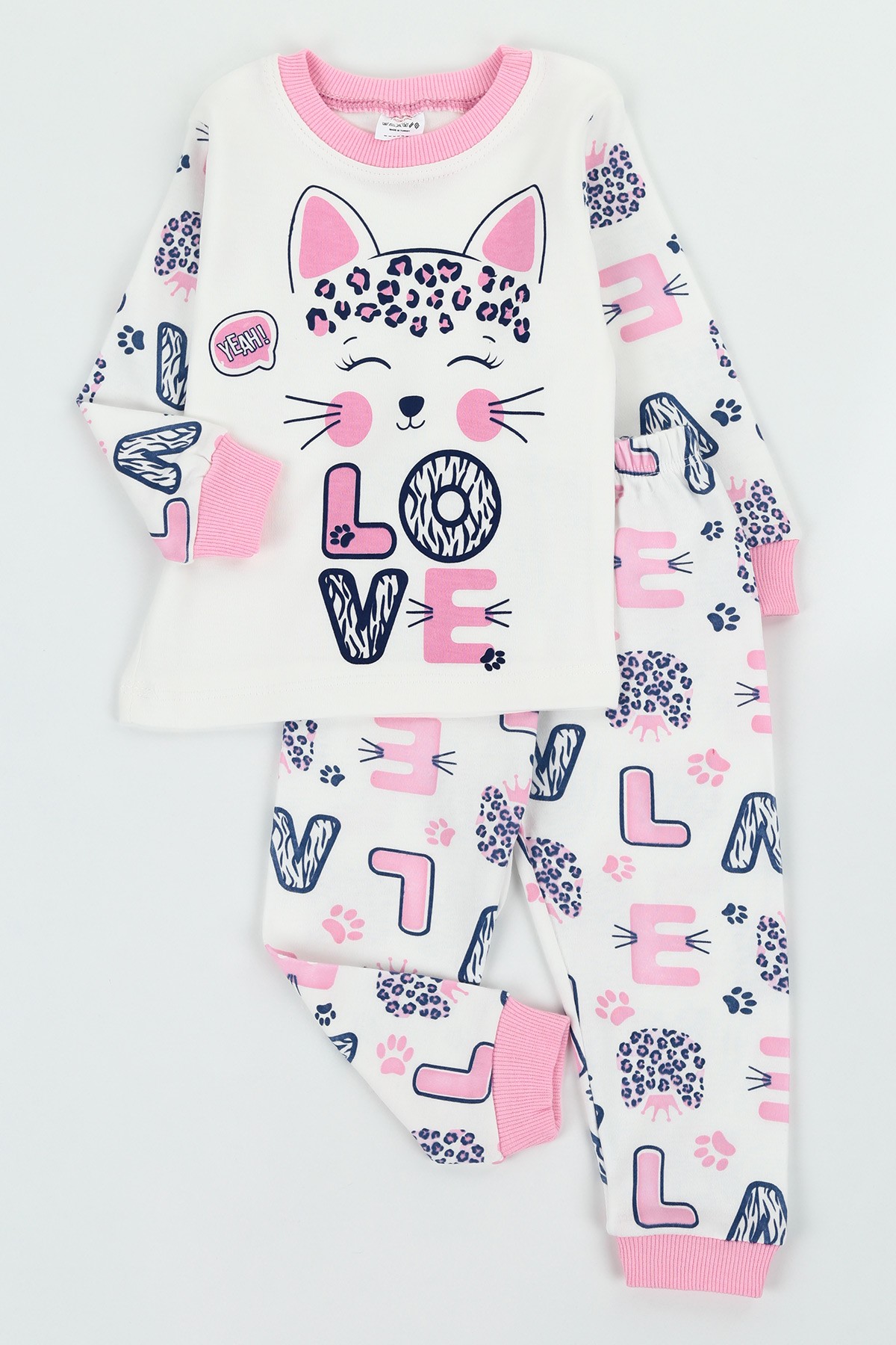 Pembe (1-3 Yaş) Love Leopar Kedi Kız Çocuk Pijama Takımı 128991