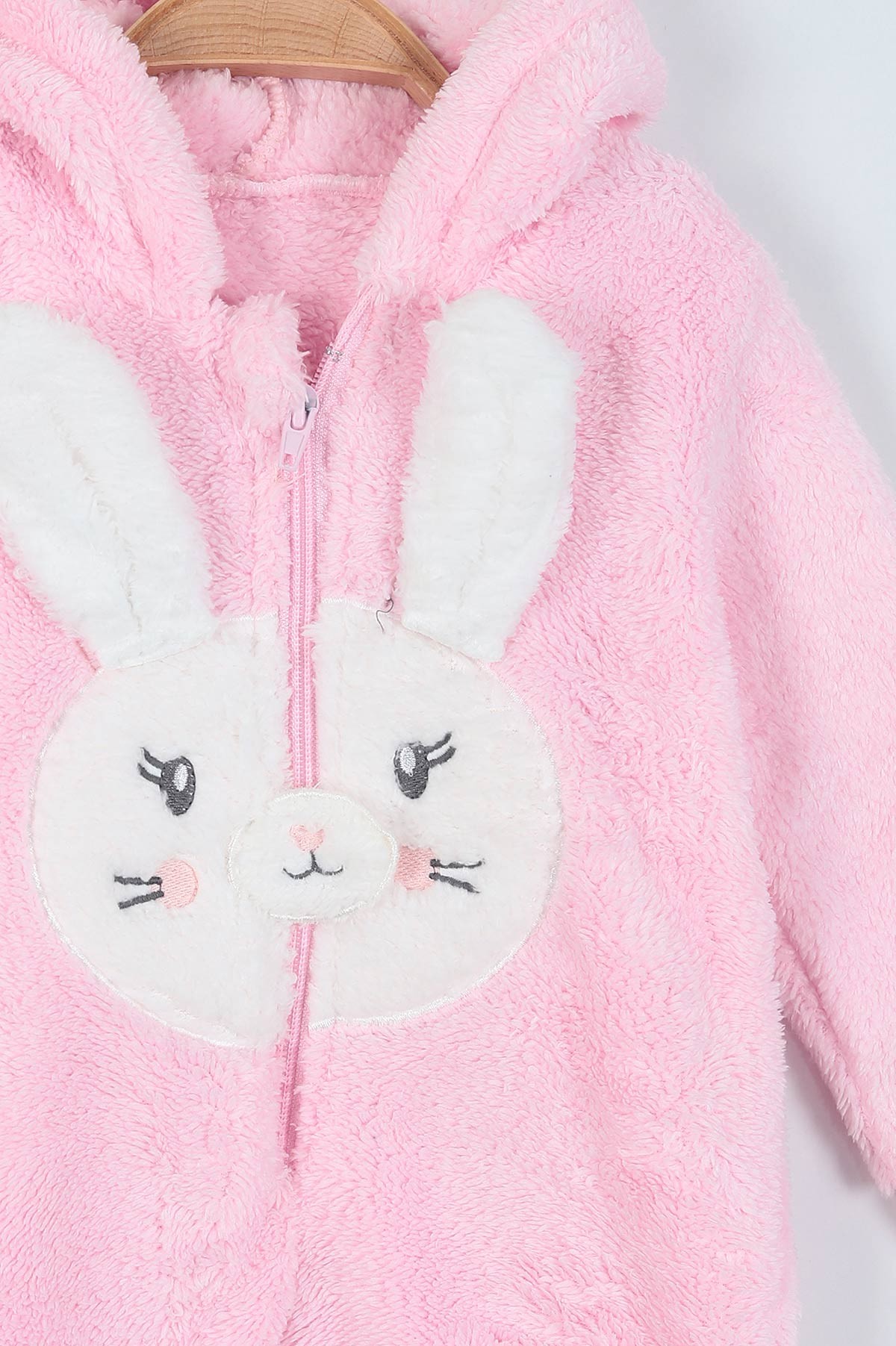 Pembe (1-3 Yaş) Tavşan Nakışlı Kapşonlu Welsoft Kız Bebe Tulum 217161
