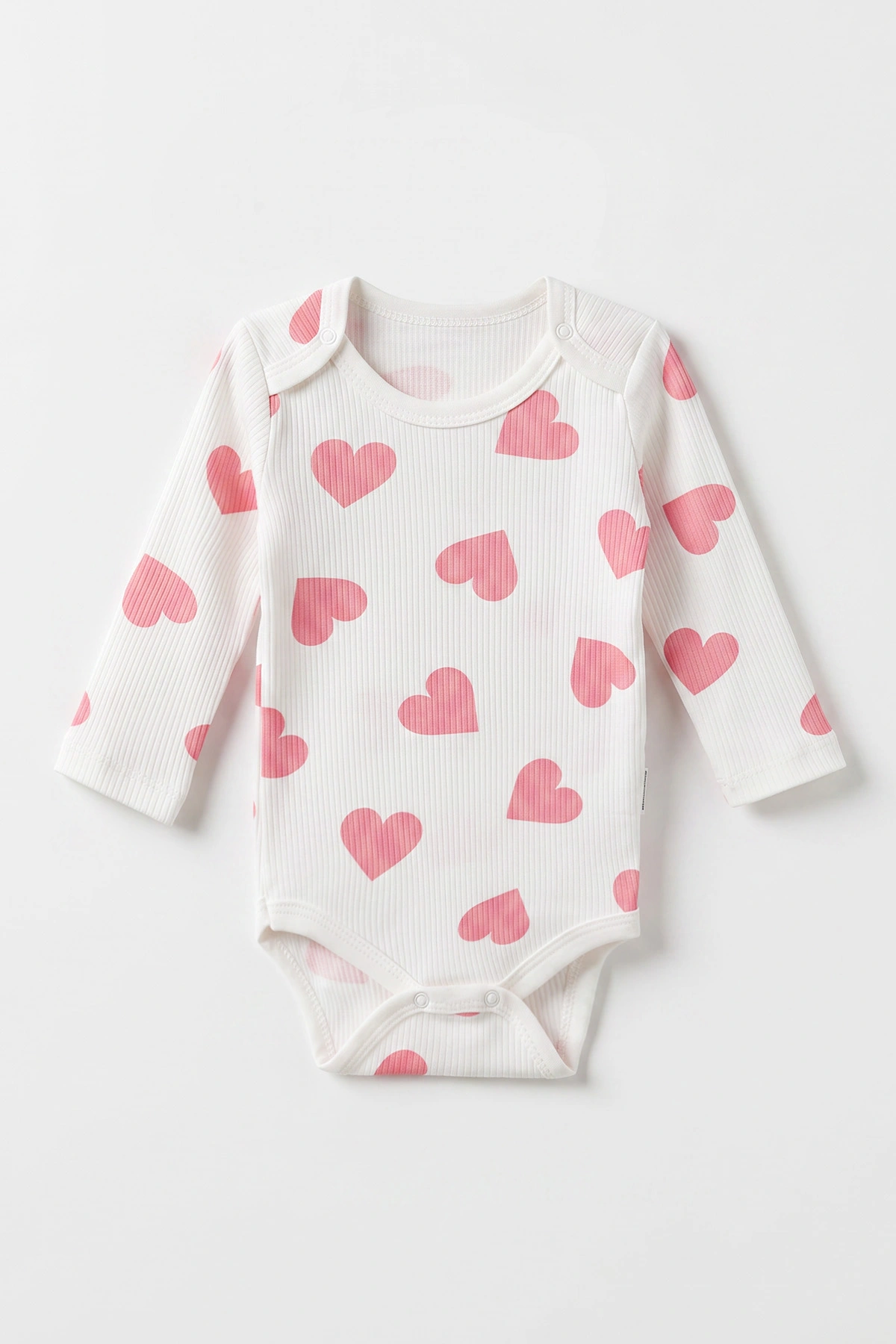 Pembe (1-3 Yaş)Büyük Kalp Baskılı Uzun Kollu Kız Bebek & Çocuk Çıtçıtlı Badi 480298