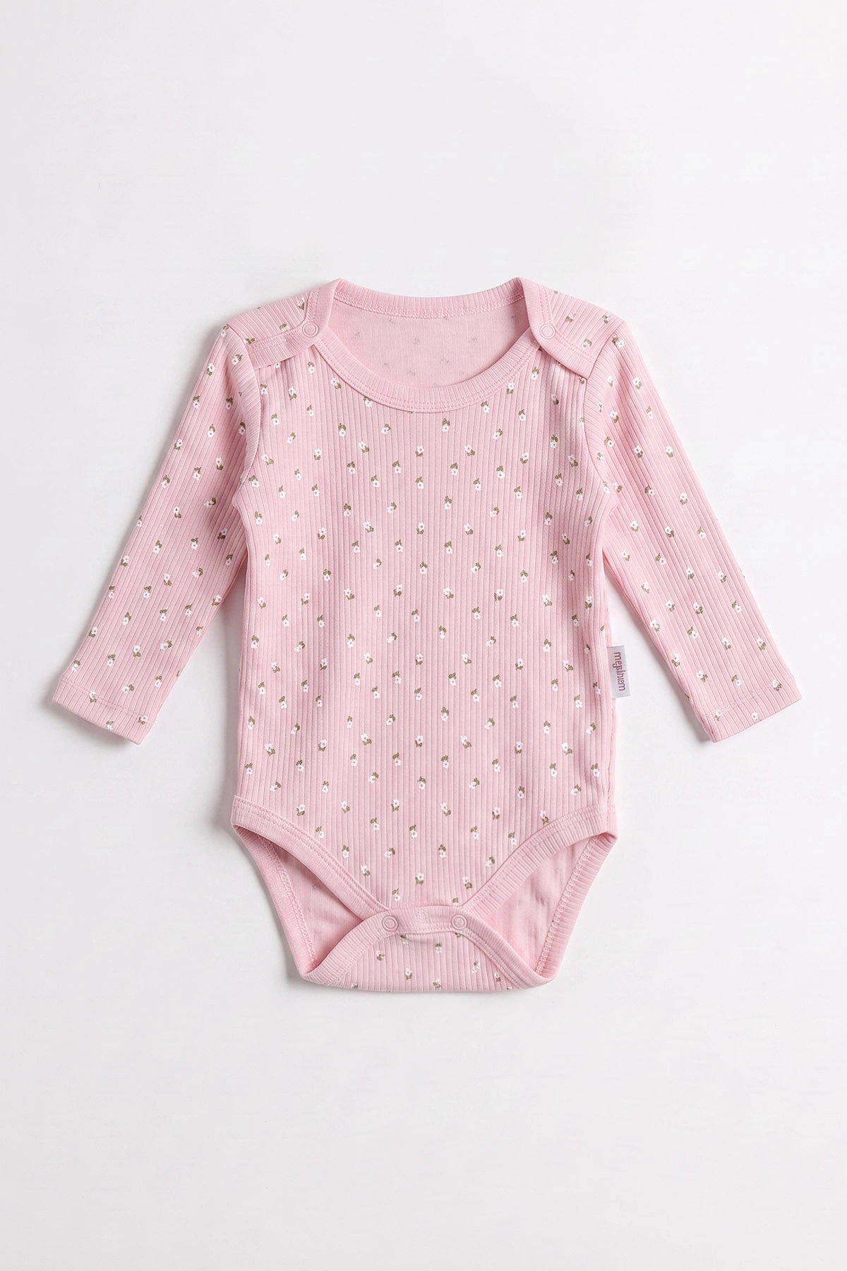 Pembe (1-3 Yaş)Çiçek Baskılı Uzun Kollu Kız Bebek & Çocuk Çıtçıtlı Badi 480289