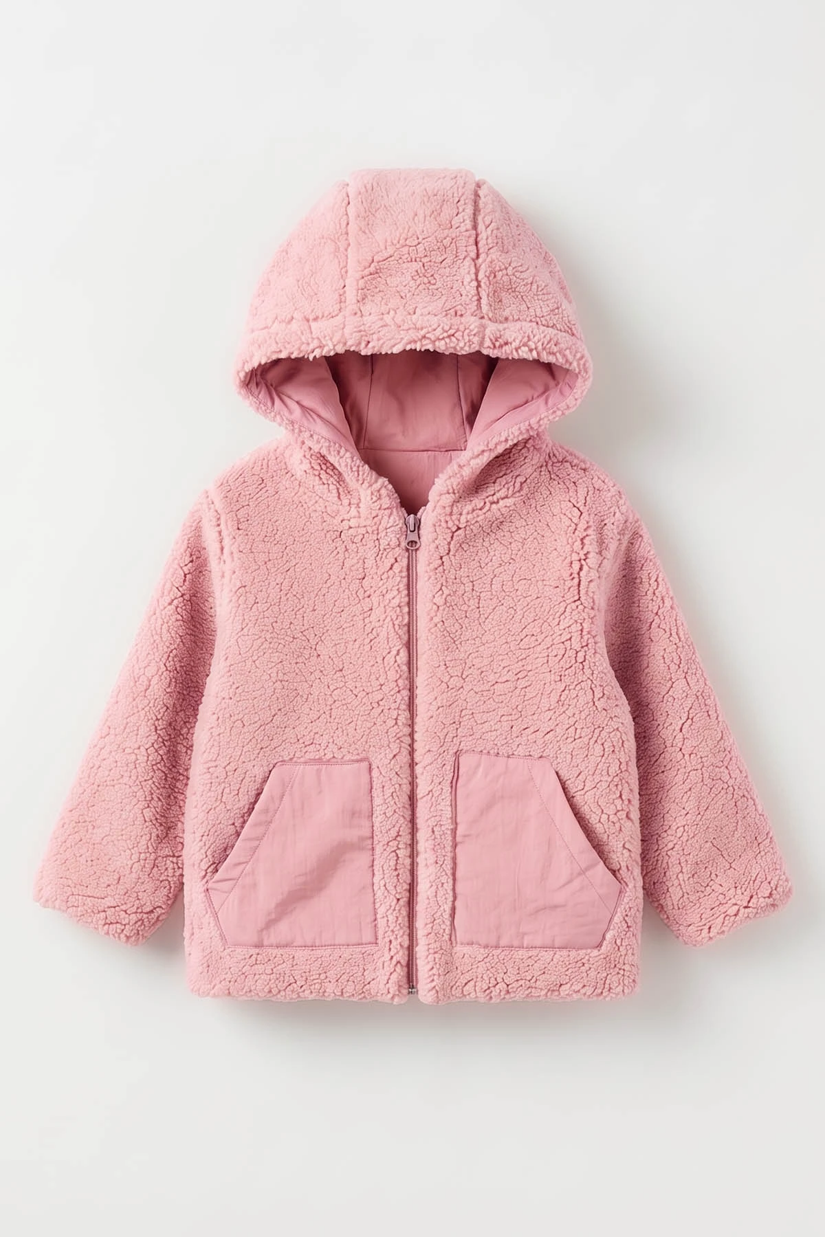 Pembe (1-4 Yaş) Astarlı Kapüşonlu Peluş Kız Çocuk Hırka 495800