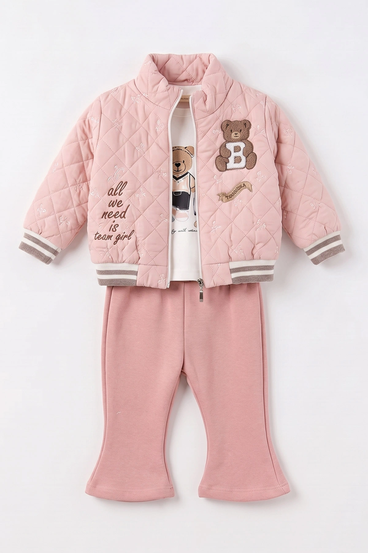 Pembe (1-4 Yaş) Ayıcık Baskılı Fitilli Badili Fiyonk Nakışlı Ceketli Alt Şardonlu Kız Çocuk&Bebek 3'lü Takım 495274