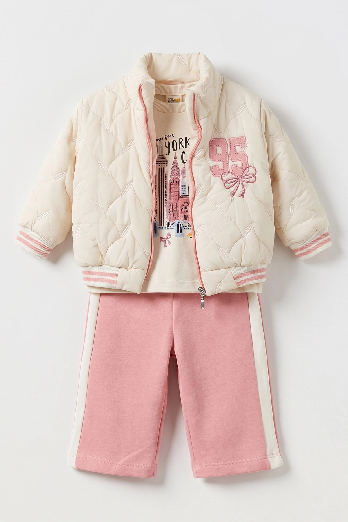 Pembe (1-4 Yaş) Baskılı Badili 95 Nakışlı Ceketli Alt Şardonlu Kız Çocuk&Bebek 3'lü Takım 495289