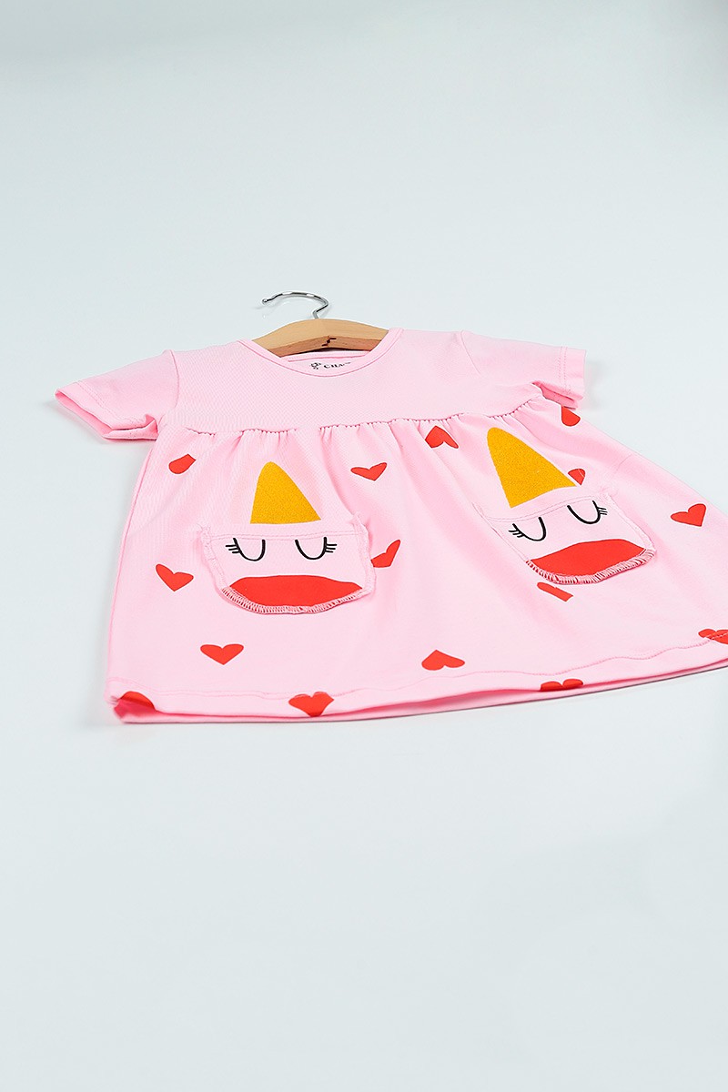 Pembe (1-4 yaş) Baskılı Cepli Kız Çocuk Elbise 103709
