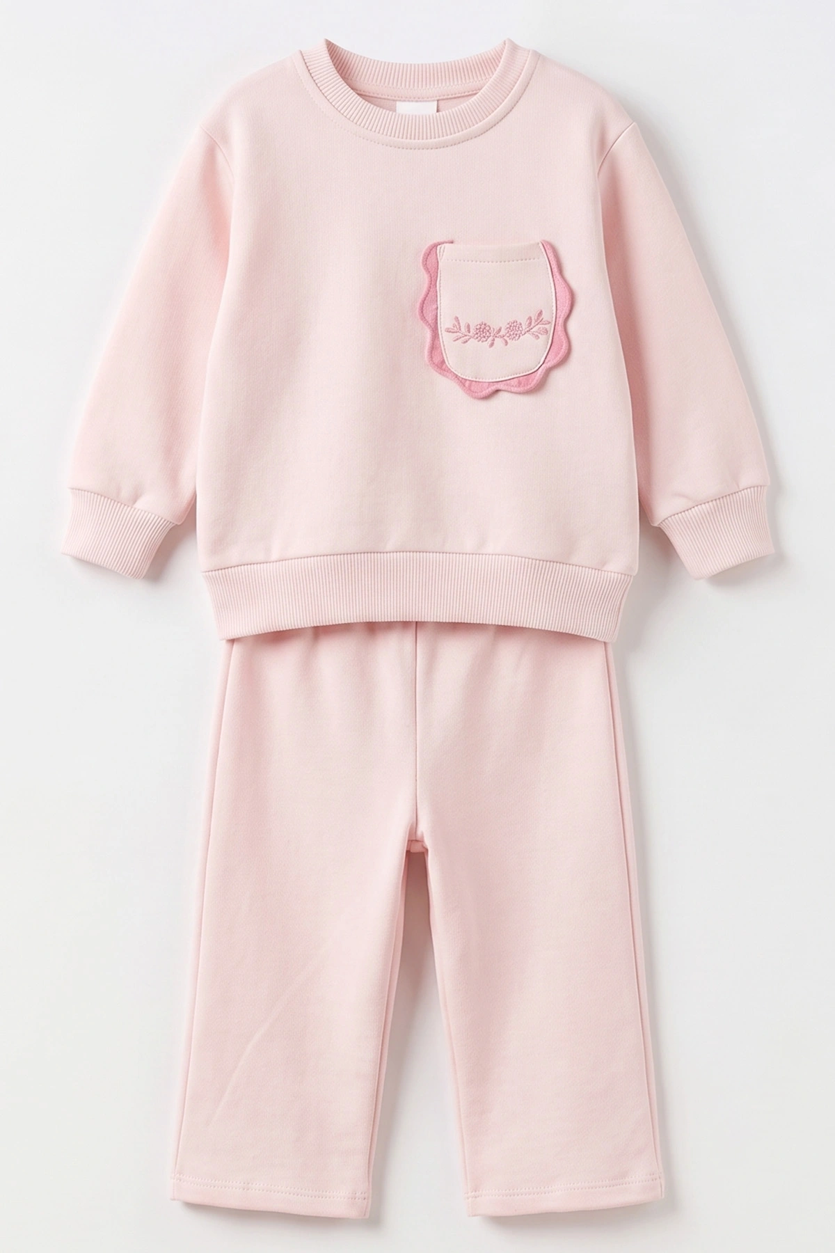 Pembe (1-4 Yaş) Cebi Fiyonk Nakışlı 3 İp Şardonlu Kız Çocuk Kışlık Takım 494685