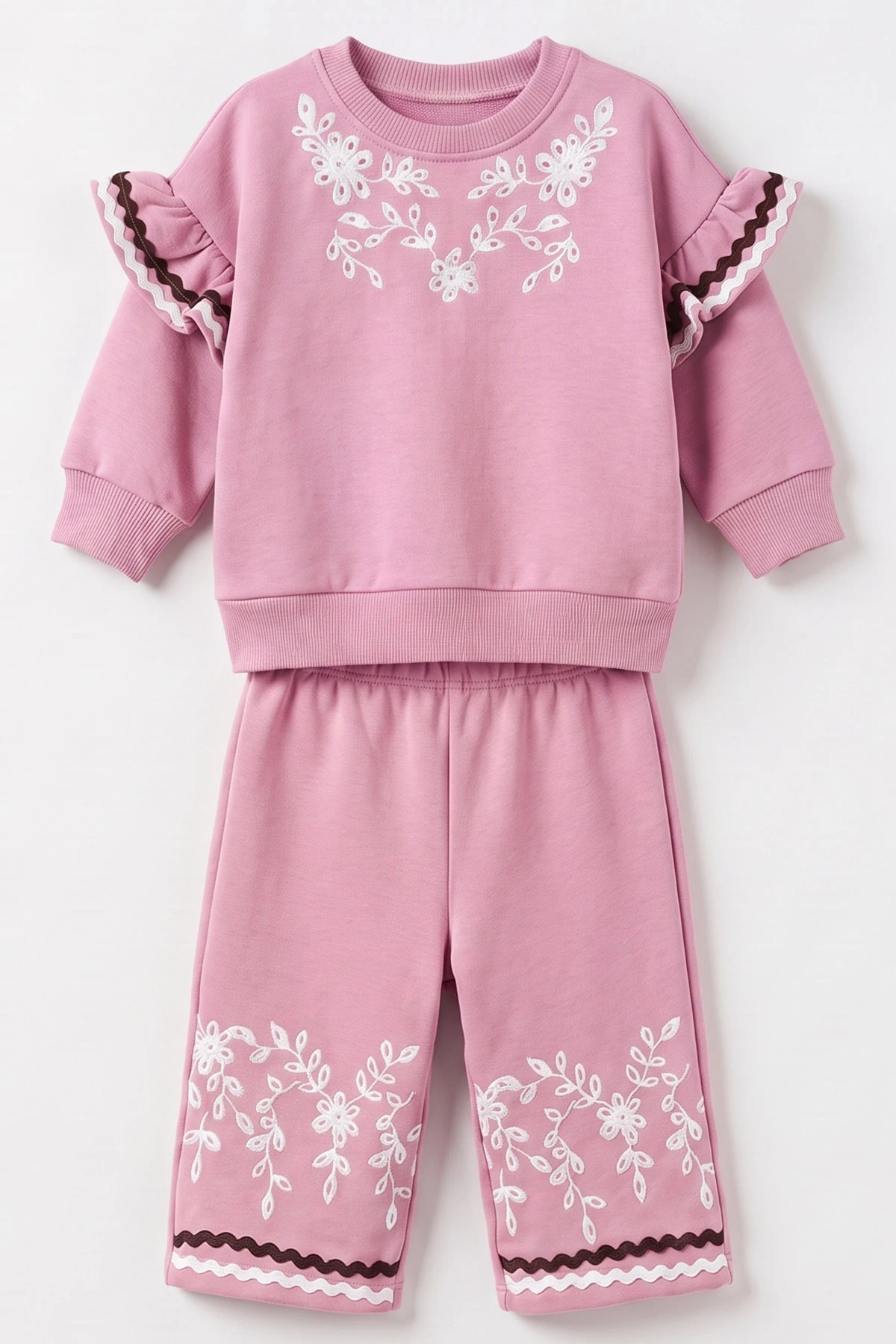 Pembe (1-4 Yaş) Çiçek Baskılı Fırfır Detaylı 3 İp Şardonlu Kız Bebek&Çocuk Kışlık Takım 494929