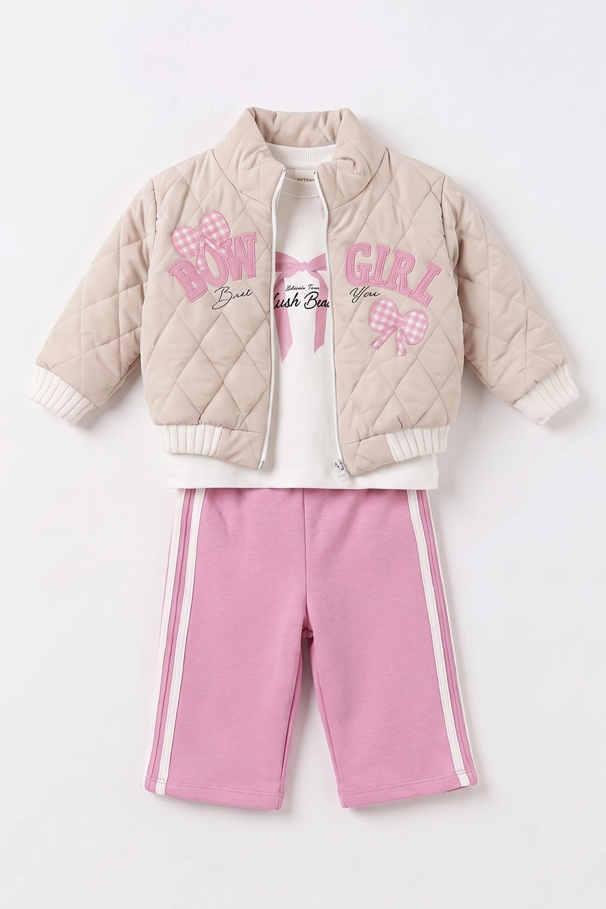 Pembe (1-4 Yaş) Fiyonk Baskılı Badili Bow Girl Nakışlı Ceketli Alt Şardonlu Kız Çocuk&Bebek 3'lü Takım 495284