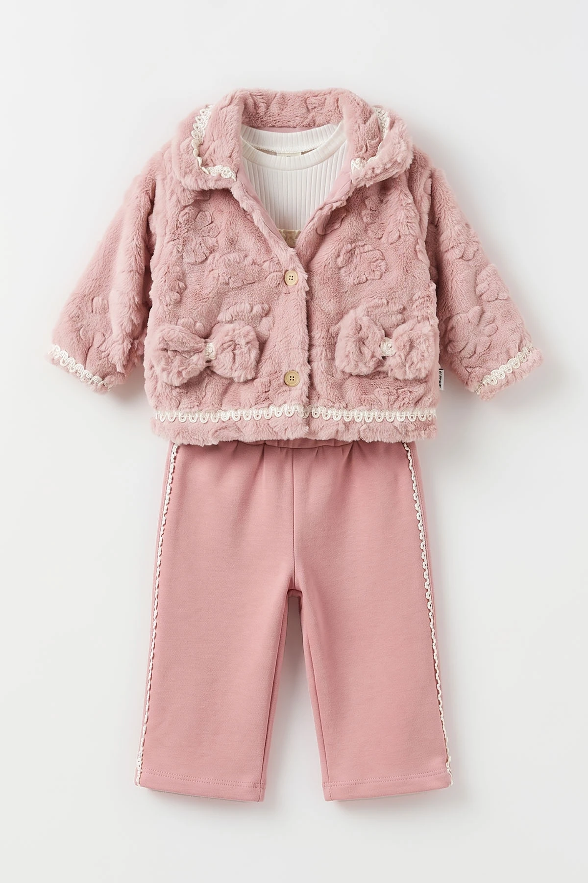 Pembe (1-4 Yaş) Fiyonk Nakışlı Badili Peluş Ceketli Alt Şardonlu Kız Çocuk&Bebek 3'lü Takım 495300