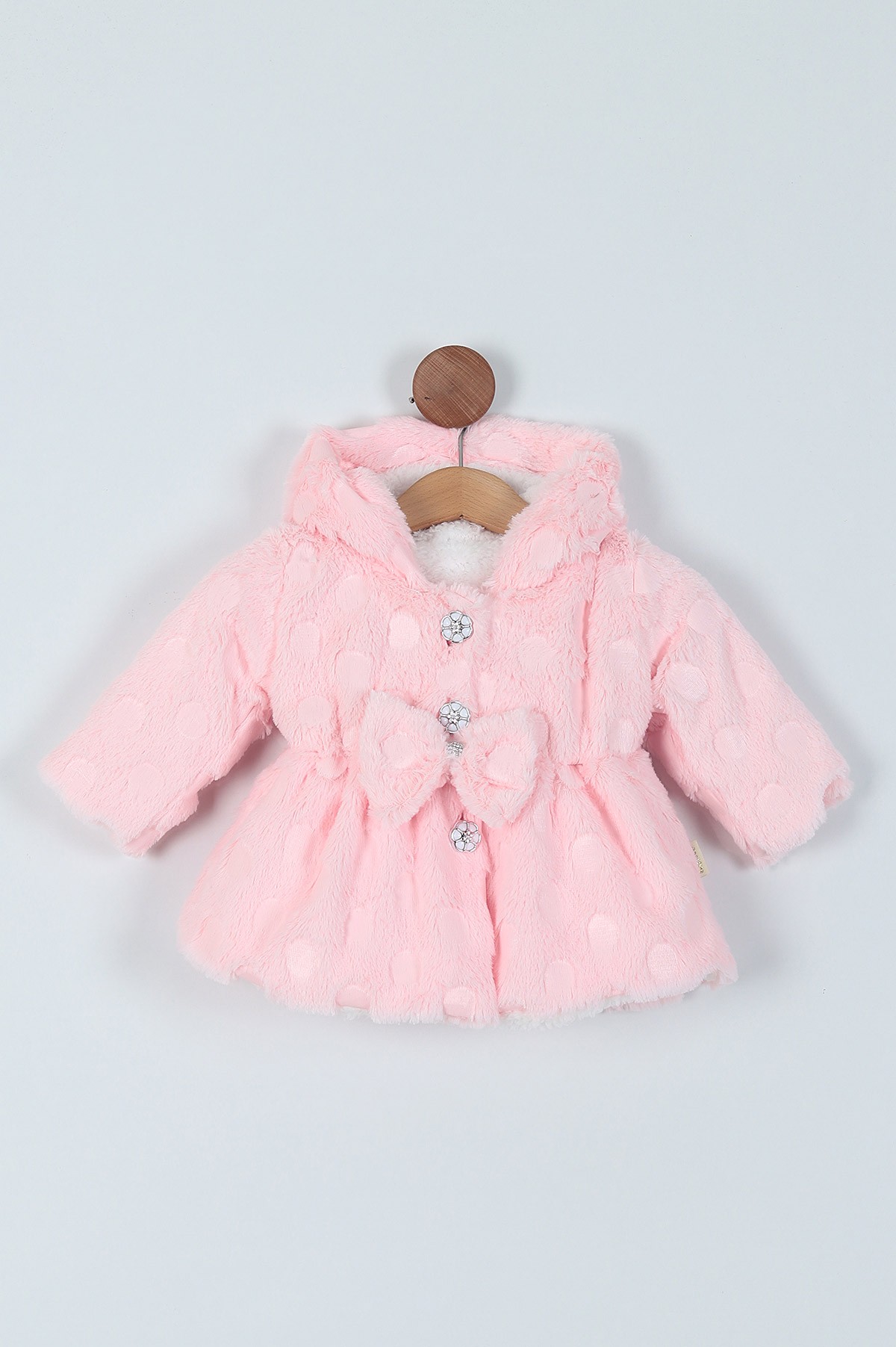 Pembe (1-4 Yaş) Fiyonk Peluş Motifli Düğmeli İçi Kürklü Mont 216849