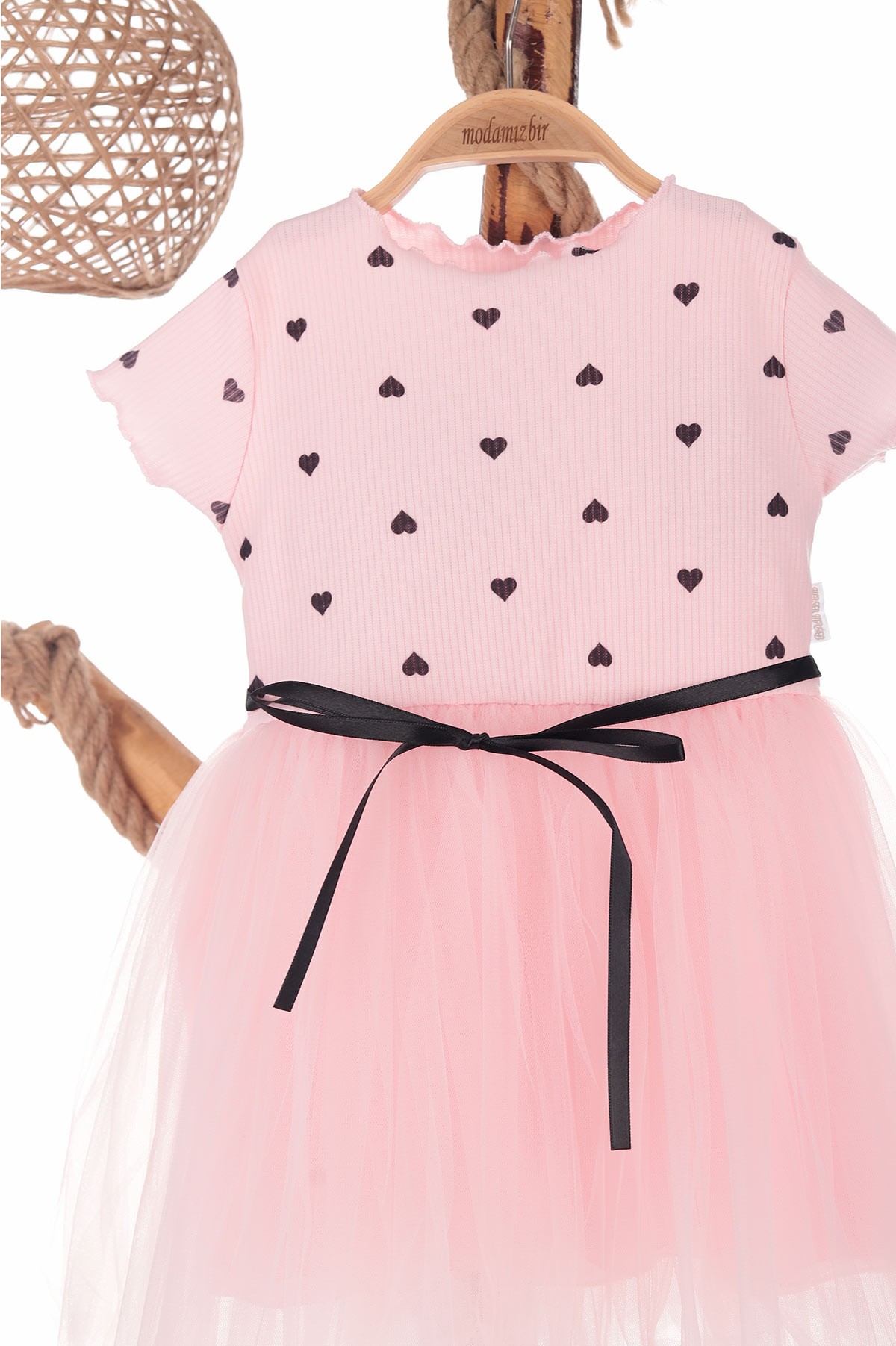 Pembe (1-4 Yaş) Kalp Baskılı Tüllü Kız Çocuk Elbise 171325