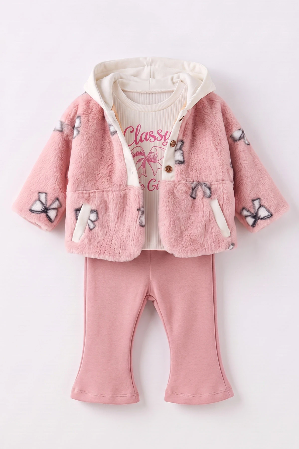 Pembe (1-4 Yaş) Kapüşonlu Peluş Montlu Fitilli Badili Kız Çocuk&Bebek 3'lü Takım 490187