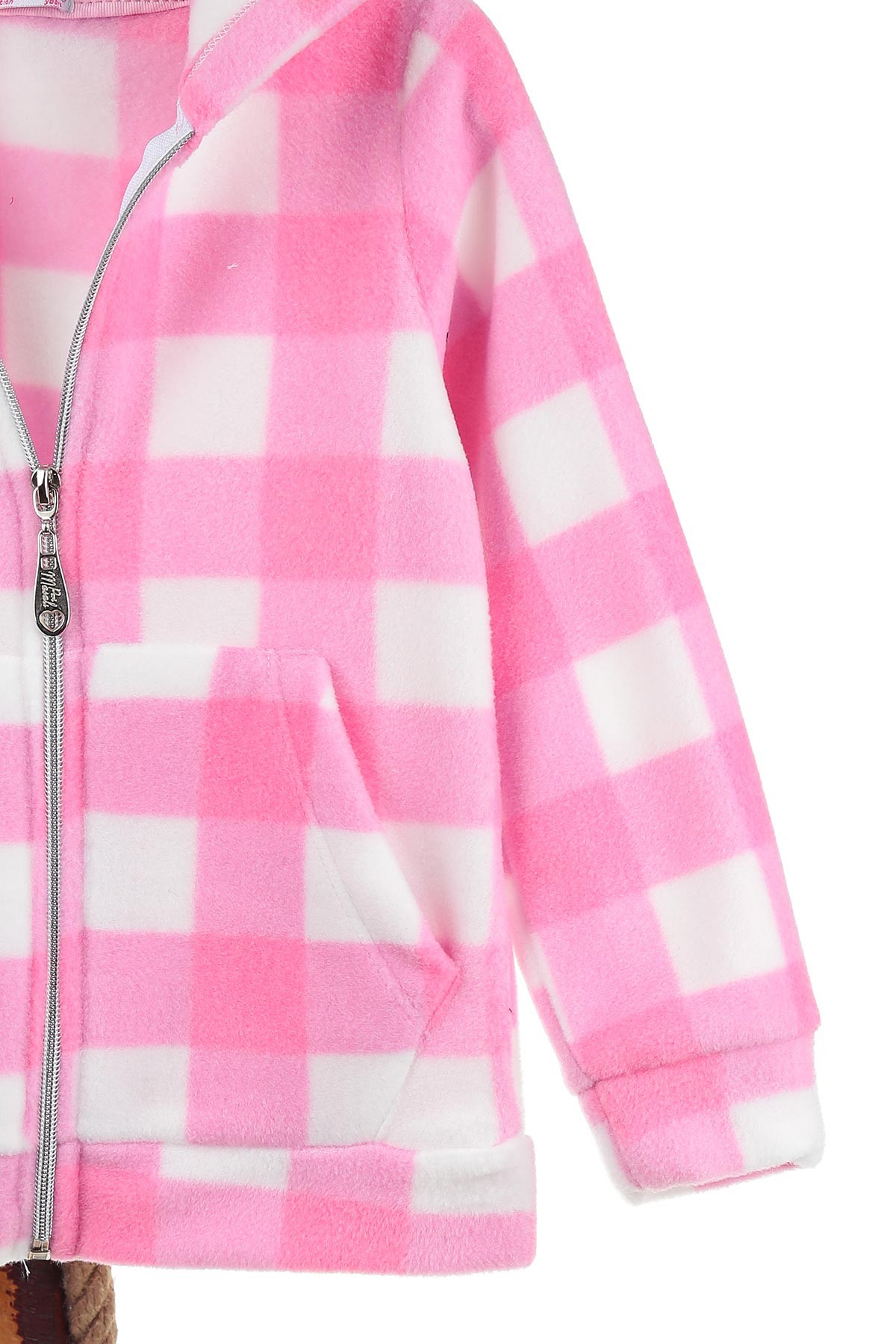Pembe (1-4 Yaş) Kare Desenli Fermuarlı Çocuk Polar Hırka 140606