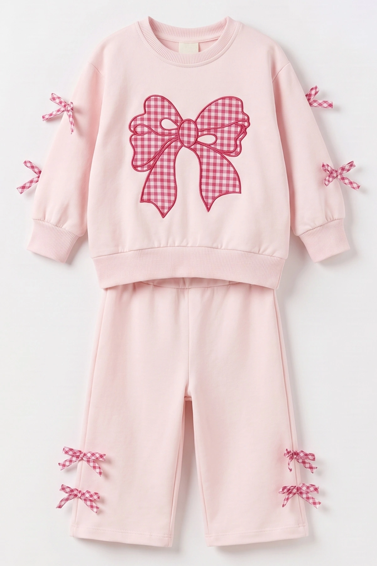 Pembe (1-4 Yaş) Kareli Fiyonk  Nakışlı   Sweatli  2 İp Kız Çocuk&Bebek 2'li Takım 495250