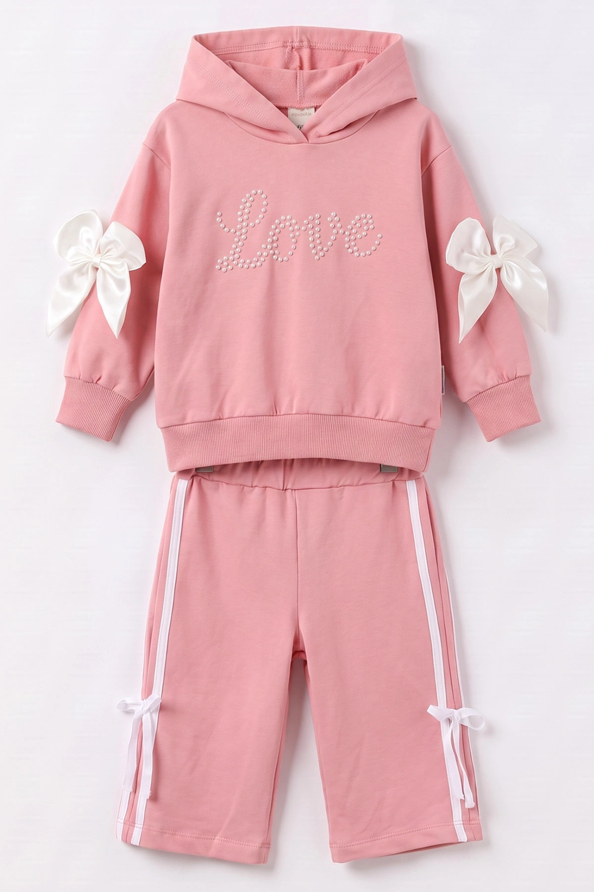 Pembe (1-4 Yaş) Love İnci Baskılı Kapüşonlu Sweatli  2 İp Kız Çocuk&Bebek 2'li Takım 495256