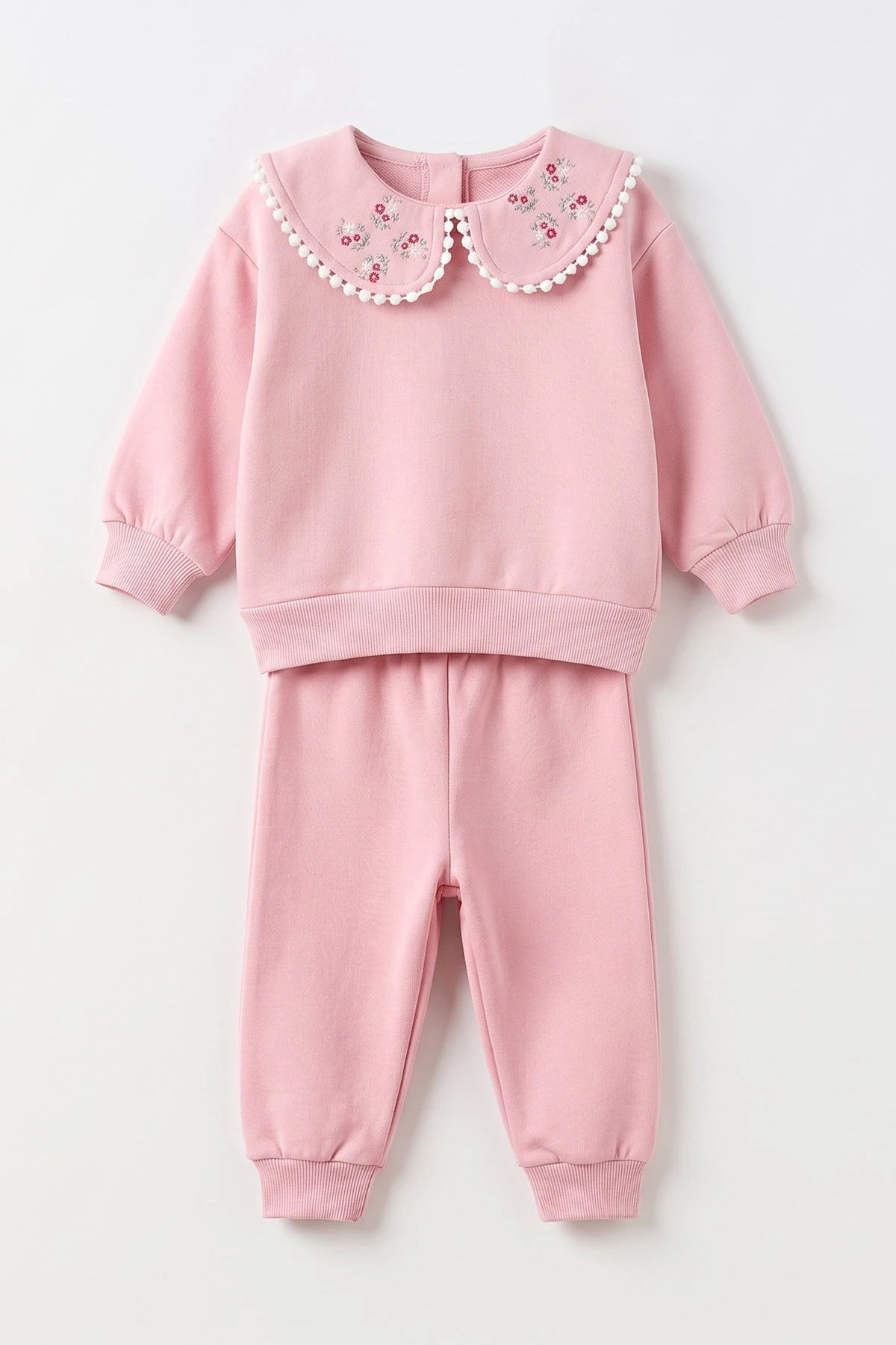 Pembe (1-4 Yaş)  Yaka Çiçek Baskılı 3 İp Şardonlu Kız Bebek&Çocuk Kışlık Takım 498074