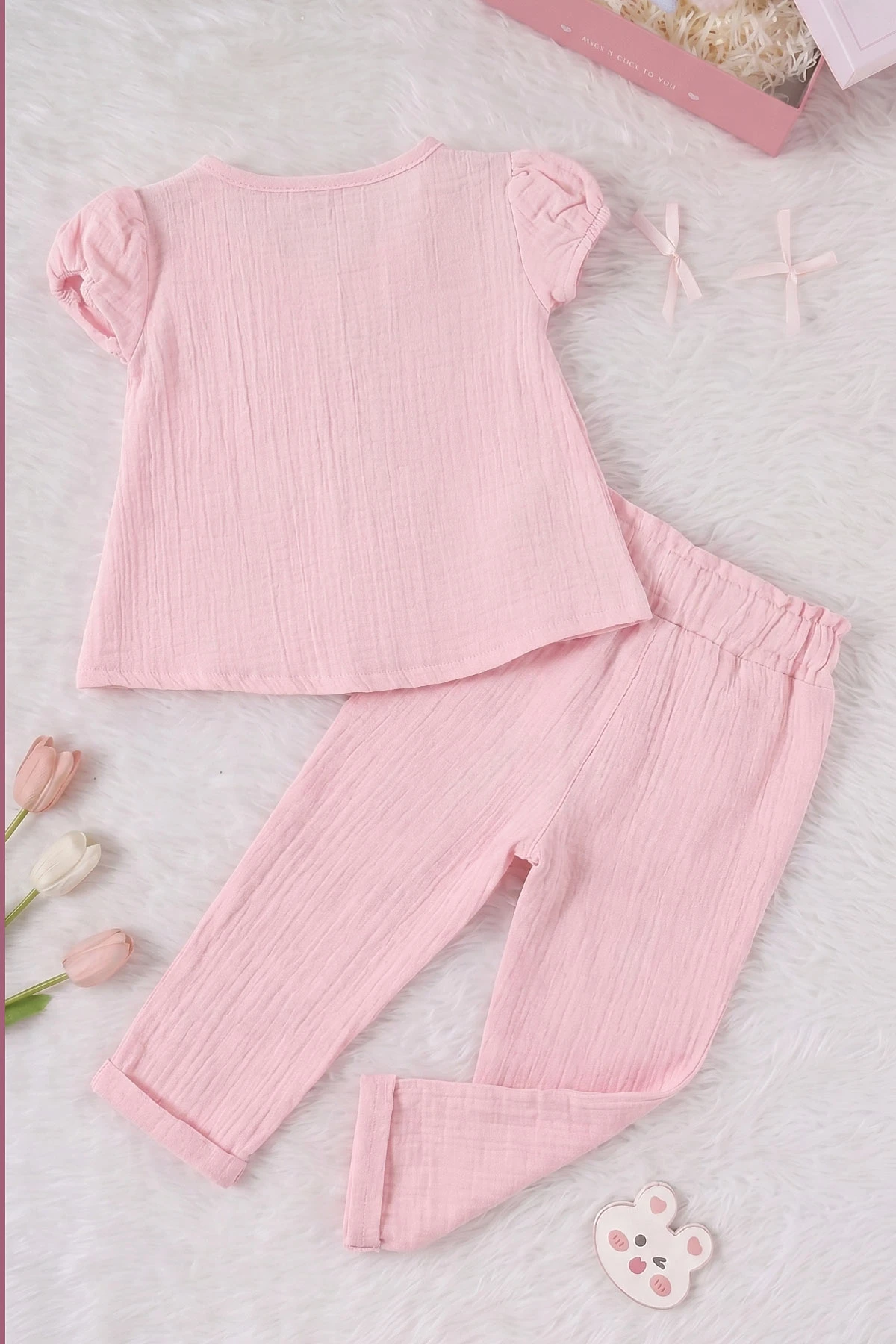 Pembe (1-4 Yaş) Yakası Dantelli Düğmeli Kız Çocuk Takım 468558