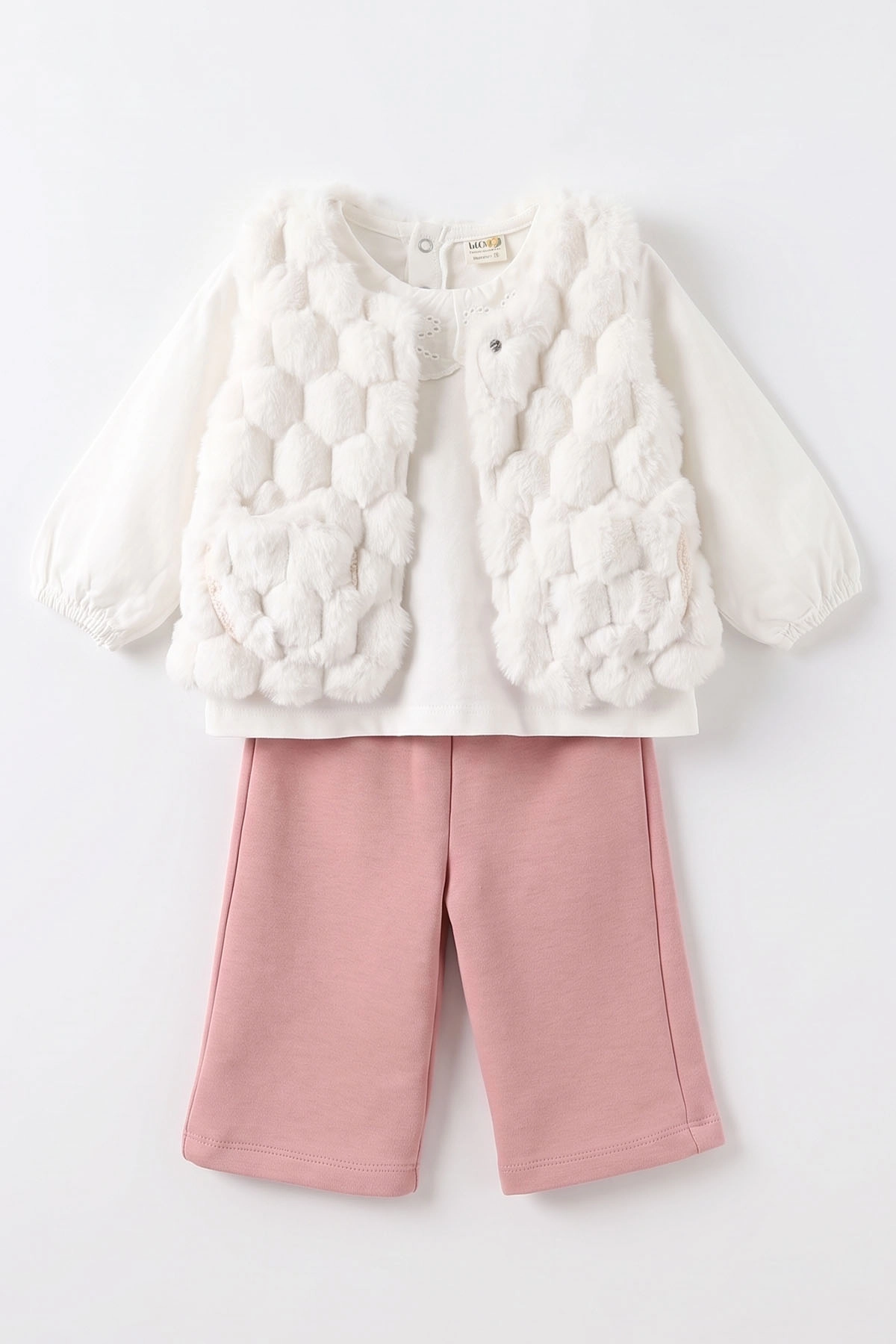 Pembe (1-4 Yaş)Dantel Aksesuarlı Peluş Yelekli Alt Şardonlu  Kız Çocuk&Bebek 3'lü Takım 495197