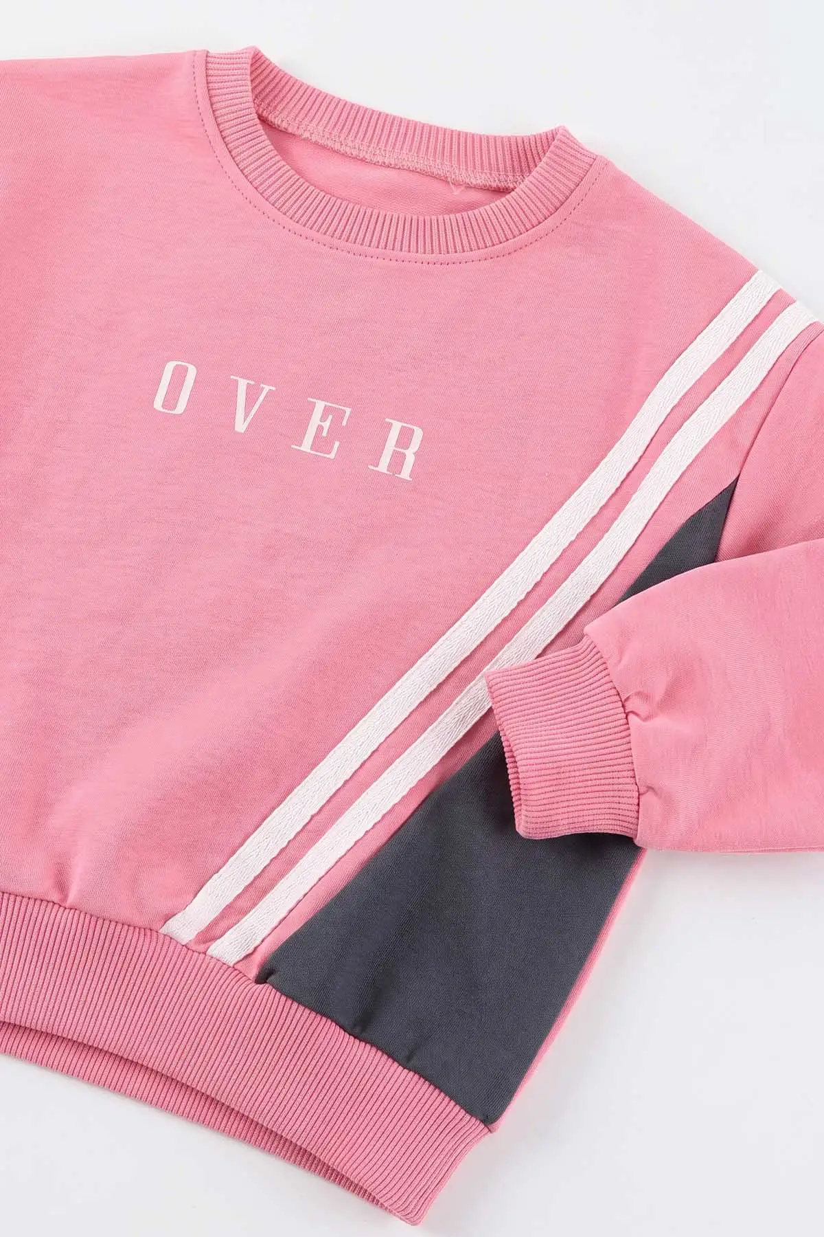 Pembe (1-4 Yaş)Over Baskılı Garnili Şerit Çizgili Kız Çocuk Takım 476829