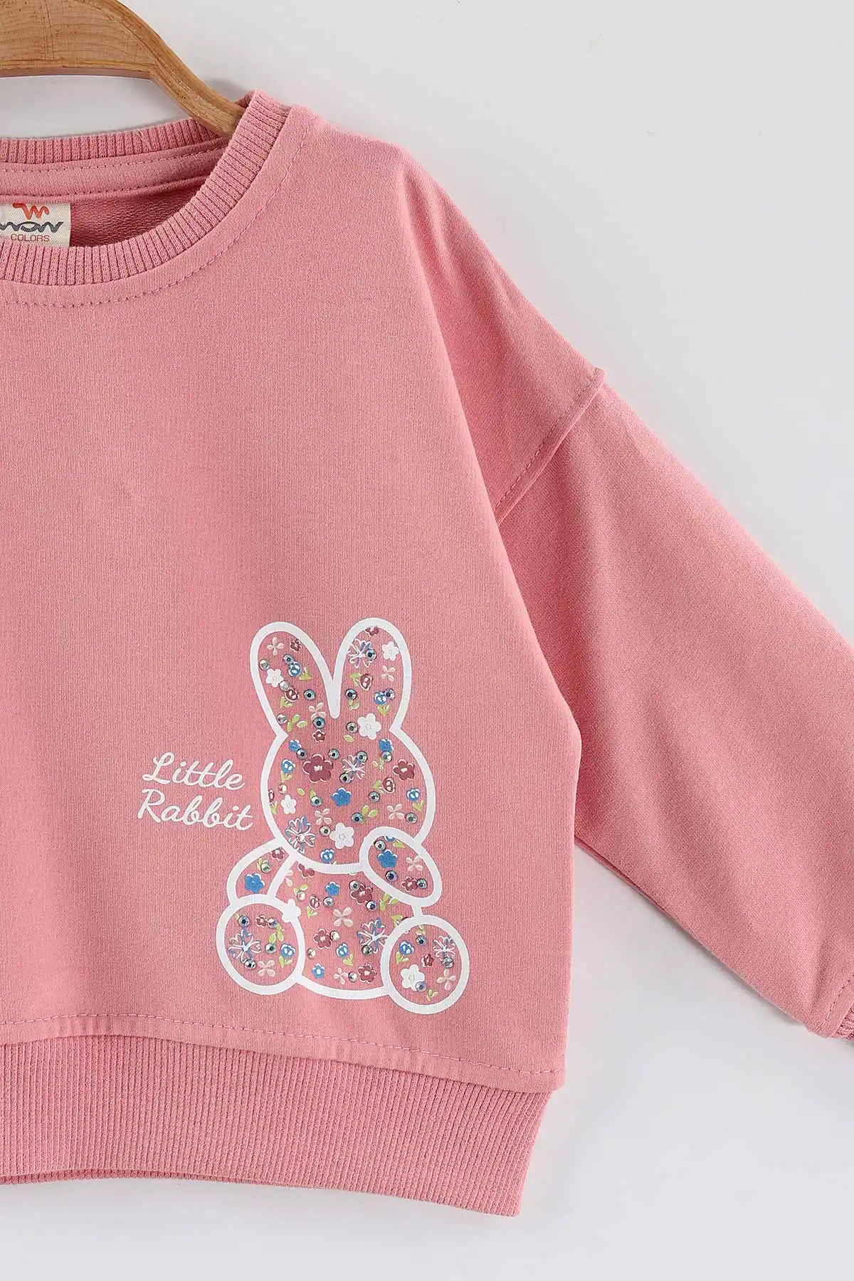 Pembe (1-4 Yaş)Tavşan Baskılı  Taşlı Kız Çocuk Sweatshirt 432955