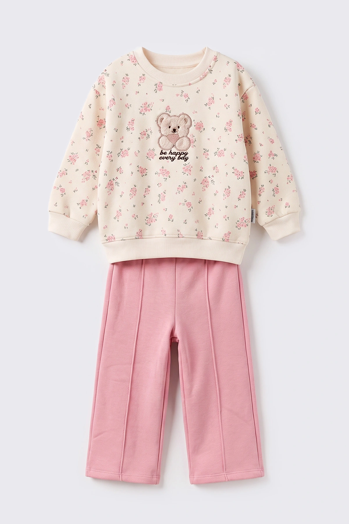 Pembe (1-5 Yaş) Ayıcık Nakışlı Çiçek Baskılı Alt Çimalı 3 İp Şardonlu Kız Çocuk Kışlık Takım 499745