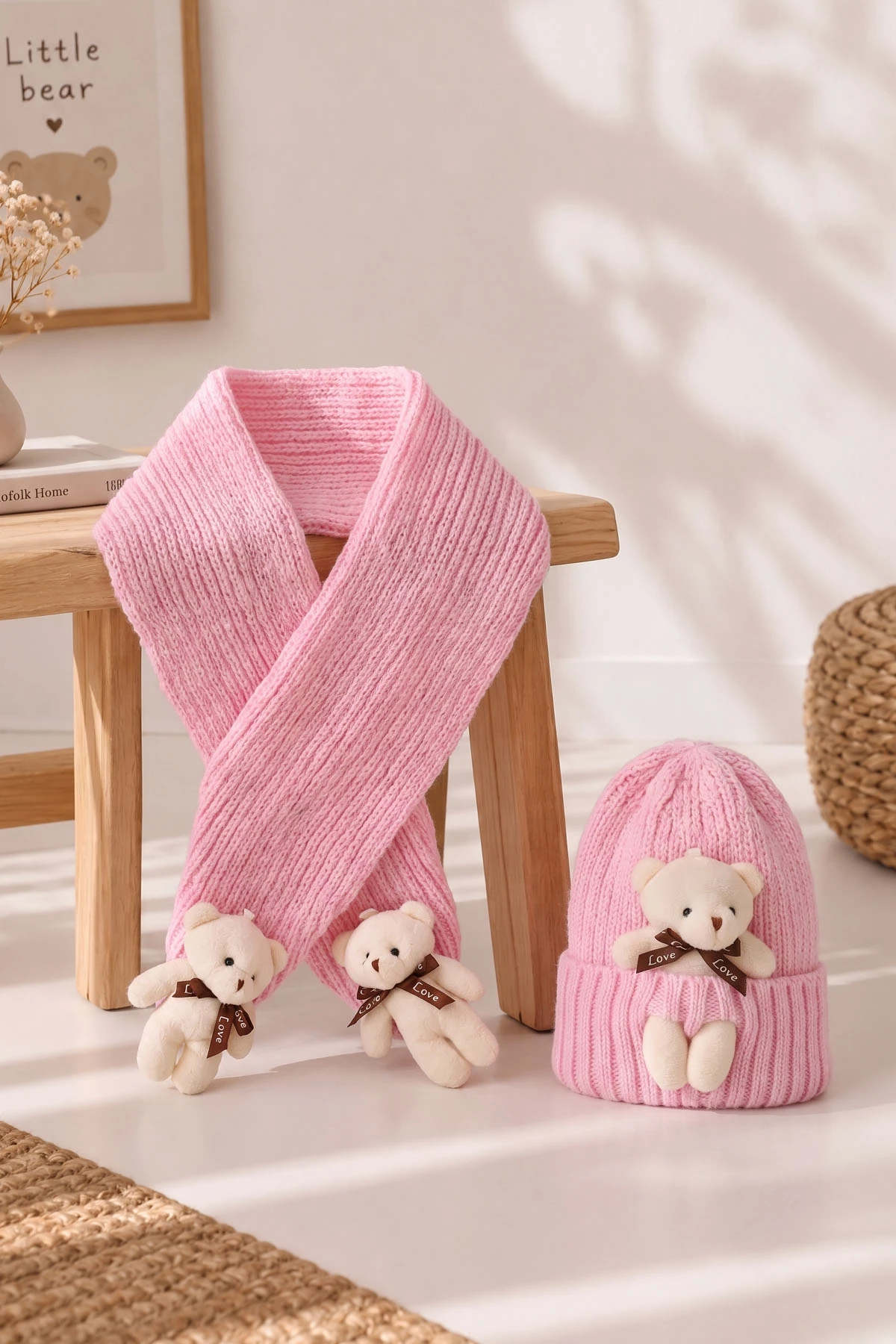Pembe (1-5 Yaş) Ayıcıklı  Çocuk Atkı Bere Takım 475073