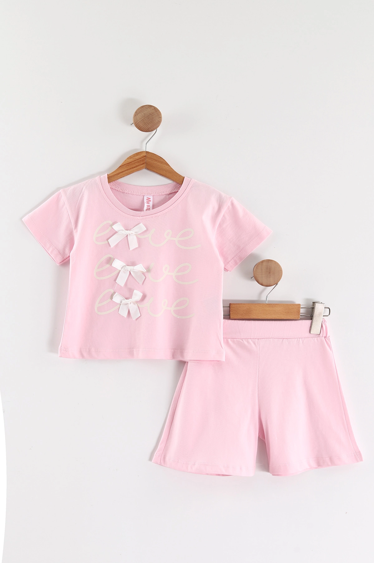 Pembe (1-5 Yaş) Baskılı Fiyonklu Tişörtlü ve Şortlu Kız Çocuk 2'li Takım 461320