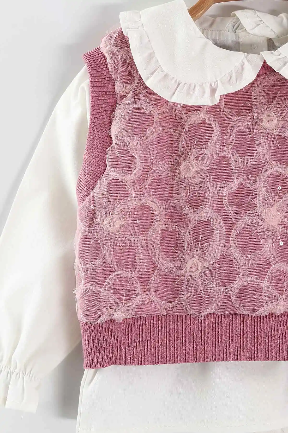 Pembe (1-5 Yaş) Bebe Yaka Keten Gömlekli Çiçekli Süveterli Gabardin Pantolonlu Kız Çocuk 3'lü Takım 442765