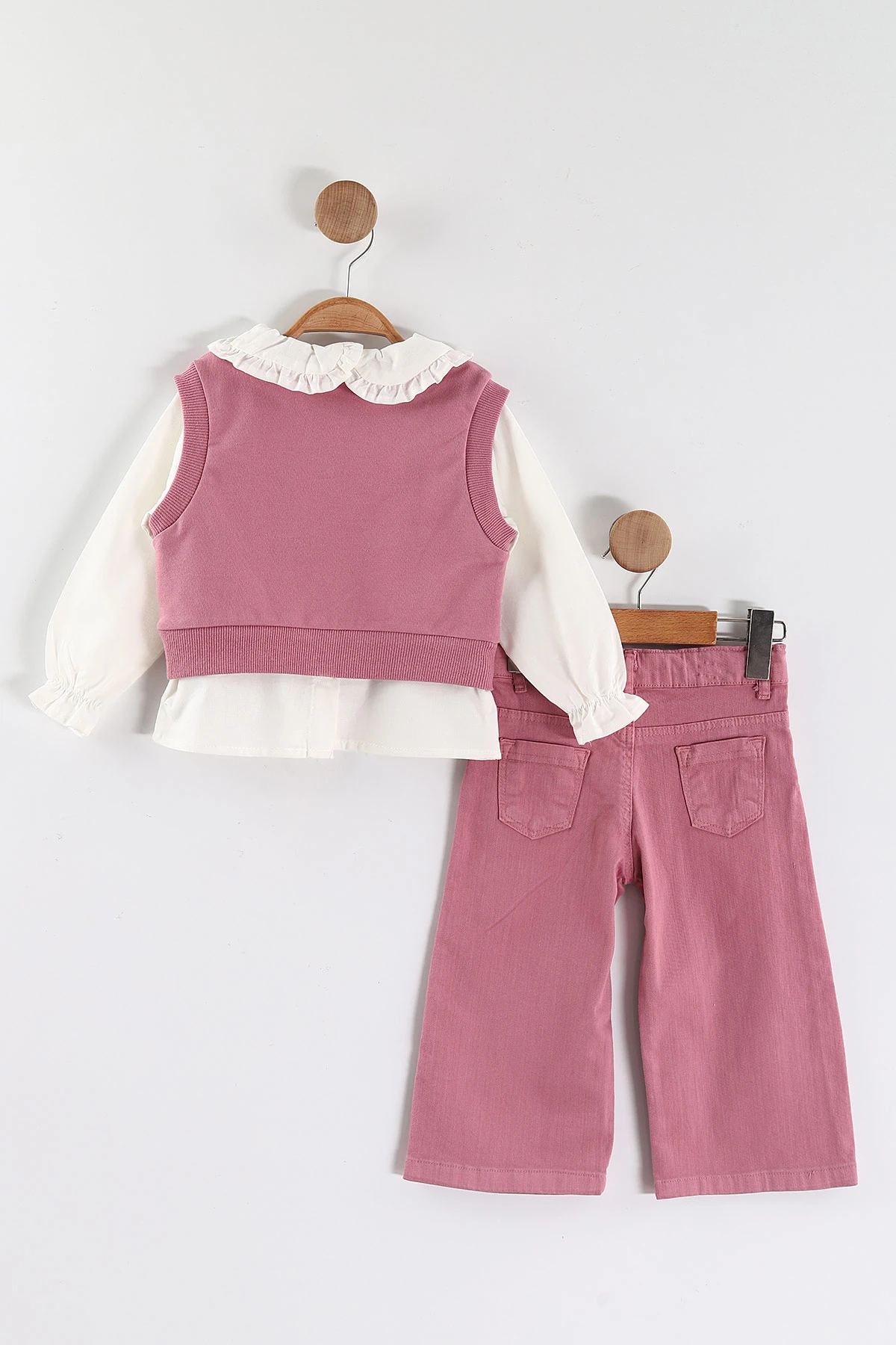 Pembe (1-5 Yaş) Bebe Yaka Keten Gömlekli Çiçekli Süveterli Gabardin Pantolonlu Kız Çocuk 3'lü Takım 442765