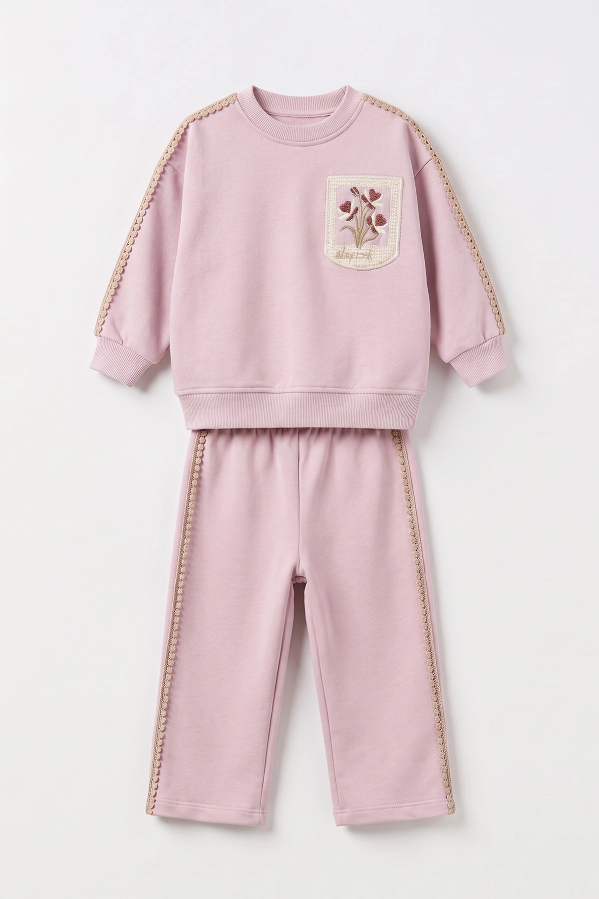 Pembe (1-5 Yaş) Cepli Nakışlı 3 İp Şardonlu Kız Çocuk Kışlık Takım 499029